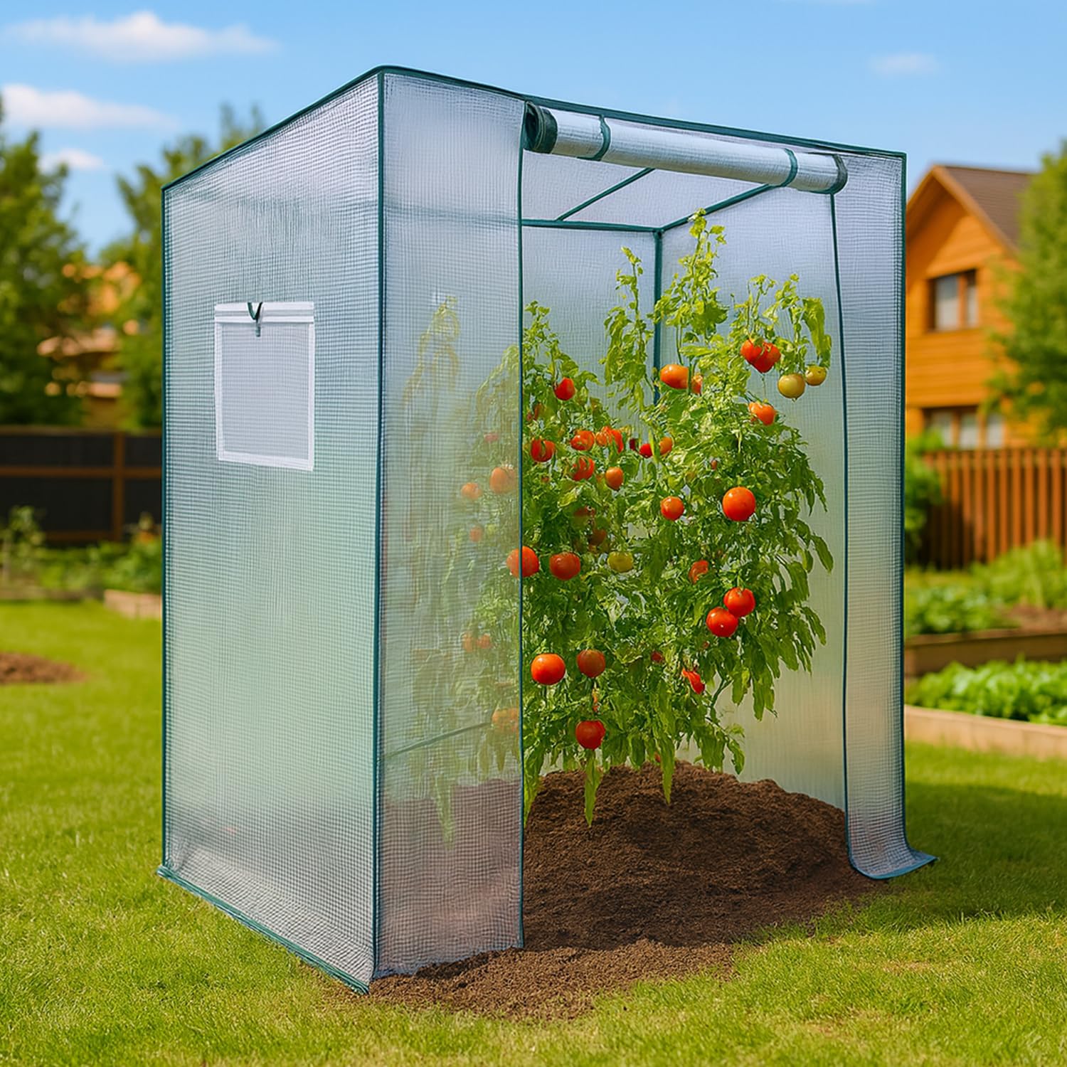 Serra circolare con struttura rinforzata in tubi di acciaio zincato e copertura PE rinforzata | Porta con cerniera | Resistente ai raggi UV e al vento (Bianco, 1,98x0,77x1,68m.)