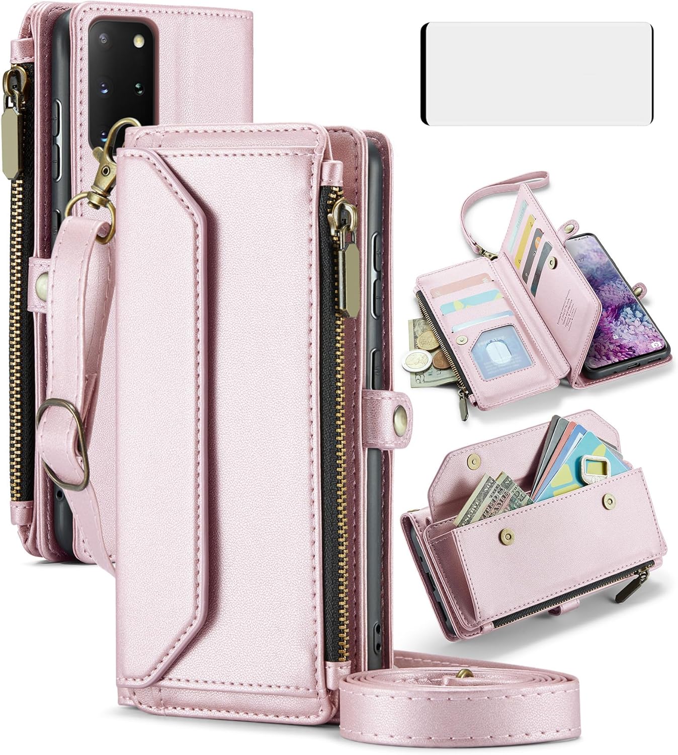 Asuwish Phone Case for Samsung Galaxy S20 Plus S20+ 5G Zipper Wallet Cover with Tempered Glass Screen Protector Flip RFID Blocking Card Holder Cell S20+5G S20plus 20S + S2O S 20 20+ G5 Women Rose Gold