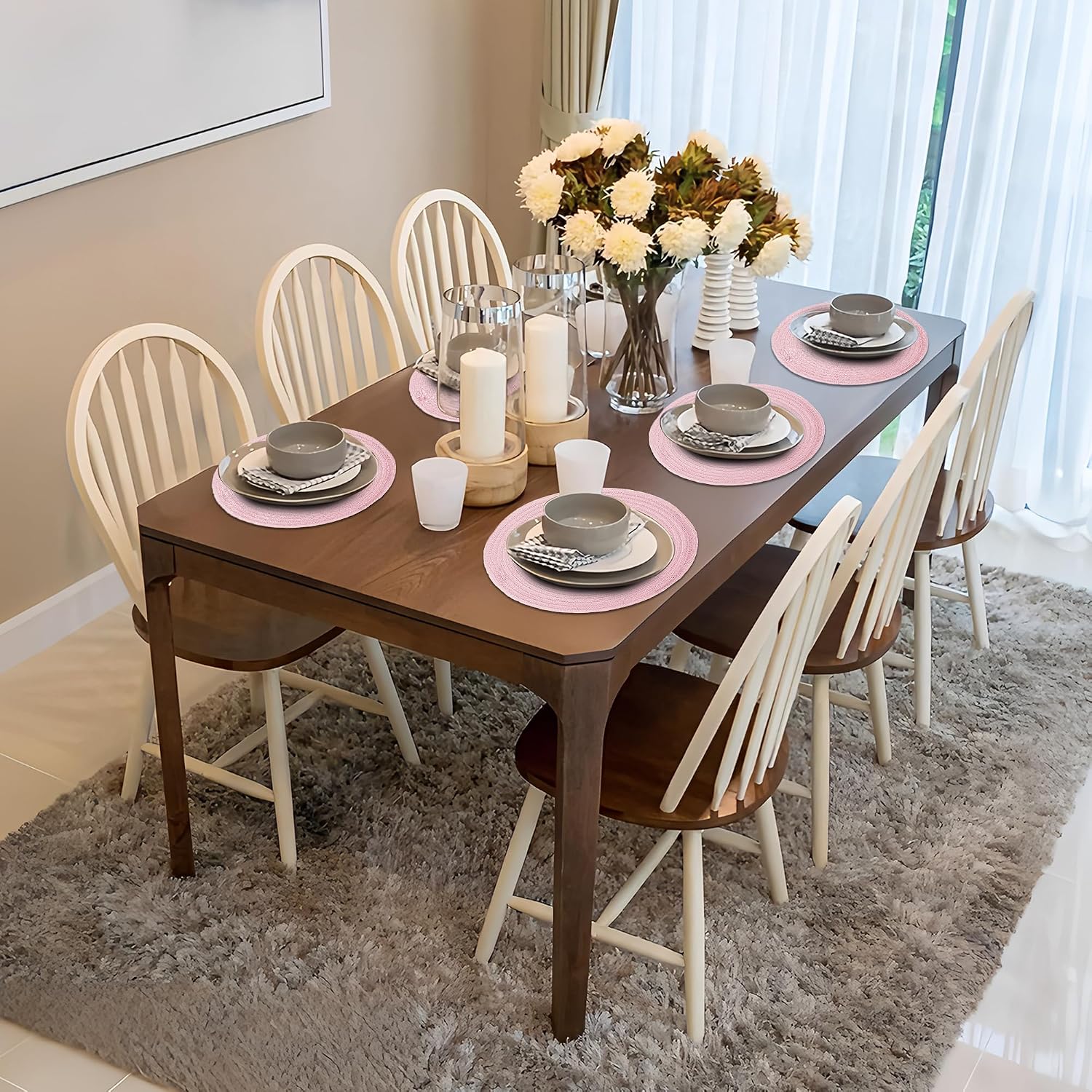 Placemats Set of 4-Heat Resistant Washable Table Mats for Dining Table,Round Braided Place Mats,15 inch Pink