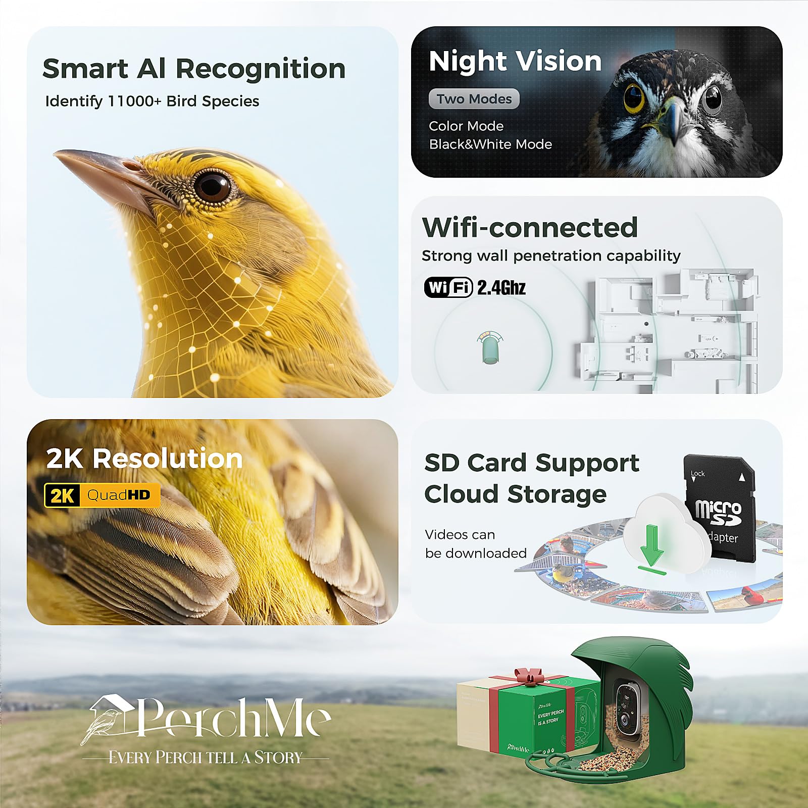 Vogelfutterstation mit Kamera, 2K HD, Live-View, intelligente Vogelhaus-Kamera, kabellos, für den Außenbereich mit KI-Identifikation, solarbetriebene DIY-Add-ons und Samenschaufel für