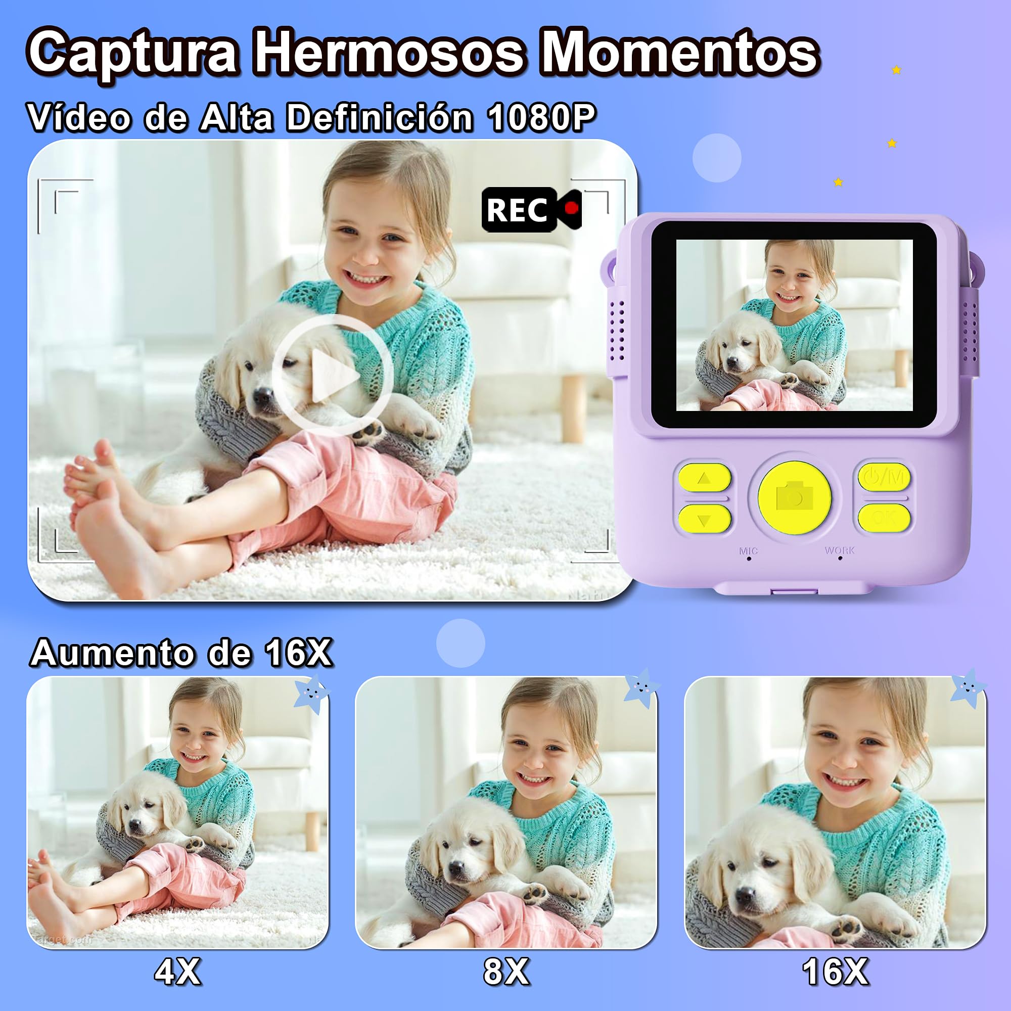 GKTZ Cámara de Fotos Instantáneas - 1080P Camara Fotos Infantil para Niños con Papel Fotográfico de Impresión y Tarjeta de 32G Regalo Juguete Niña 3 4 5 6 7 8 9 10 11 12 Años (Violeta)