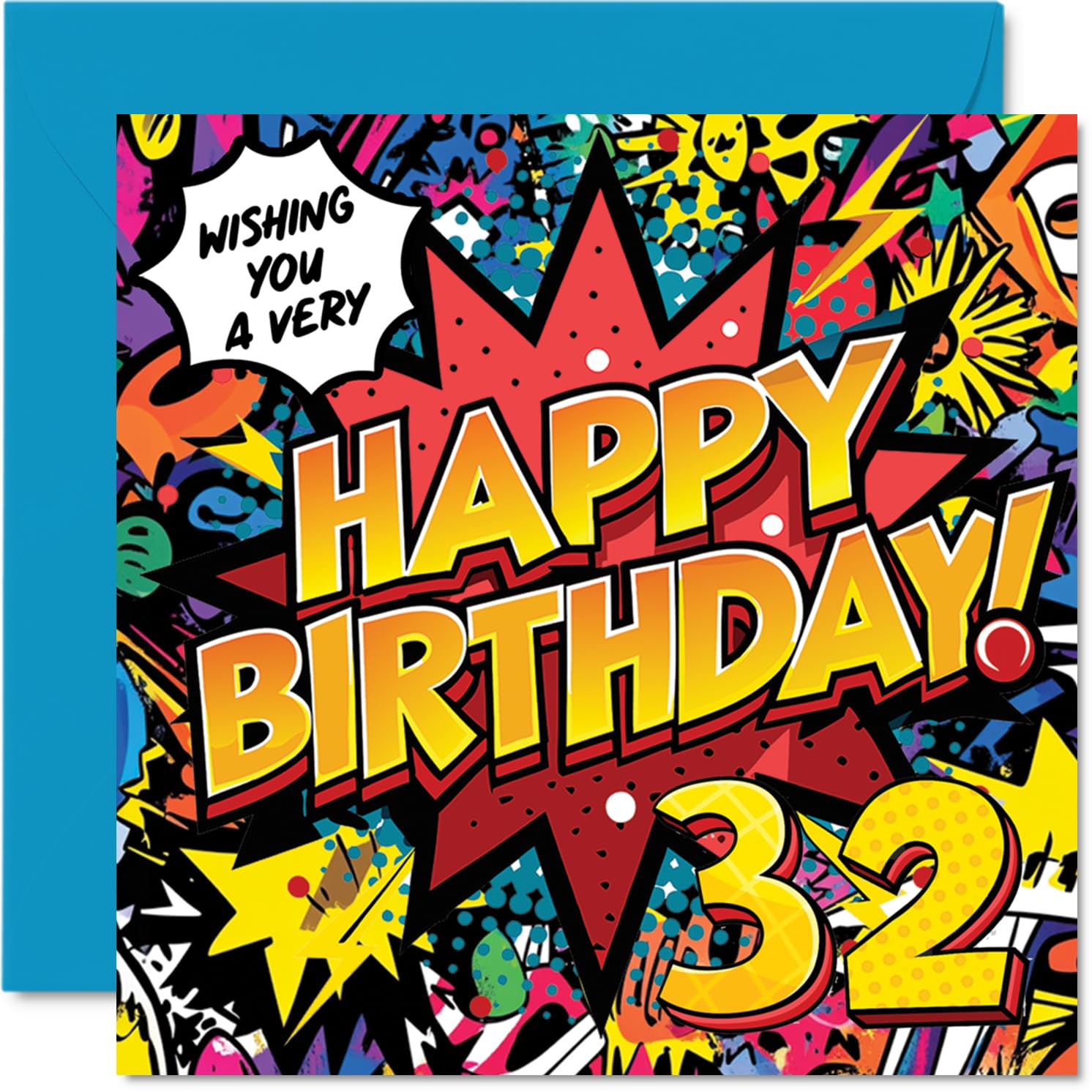 32nd Birthday Cards for Women Men - Comic Book Pow! - Happy Birthday Card for 32 Year Old Woman Man Neighbour Daughter Auntie Cousin, 145mm Bday Greeting Cards