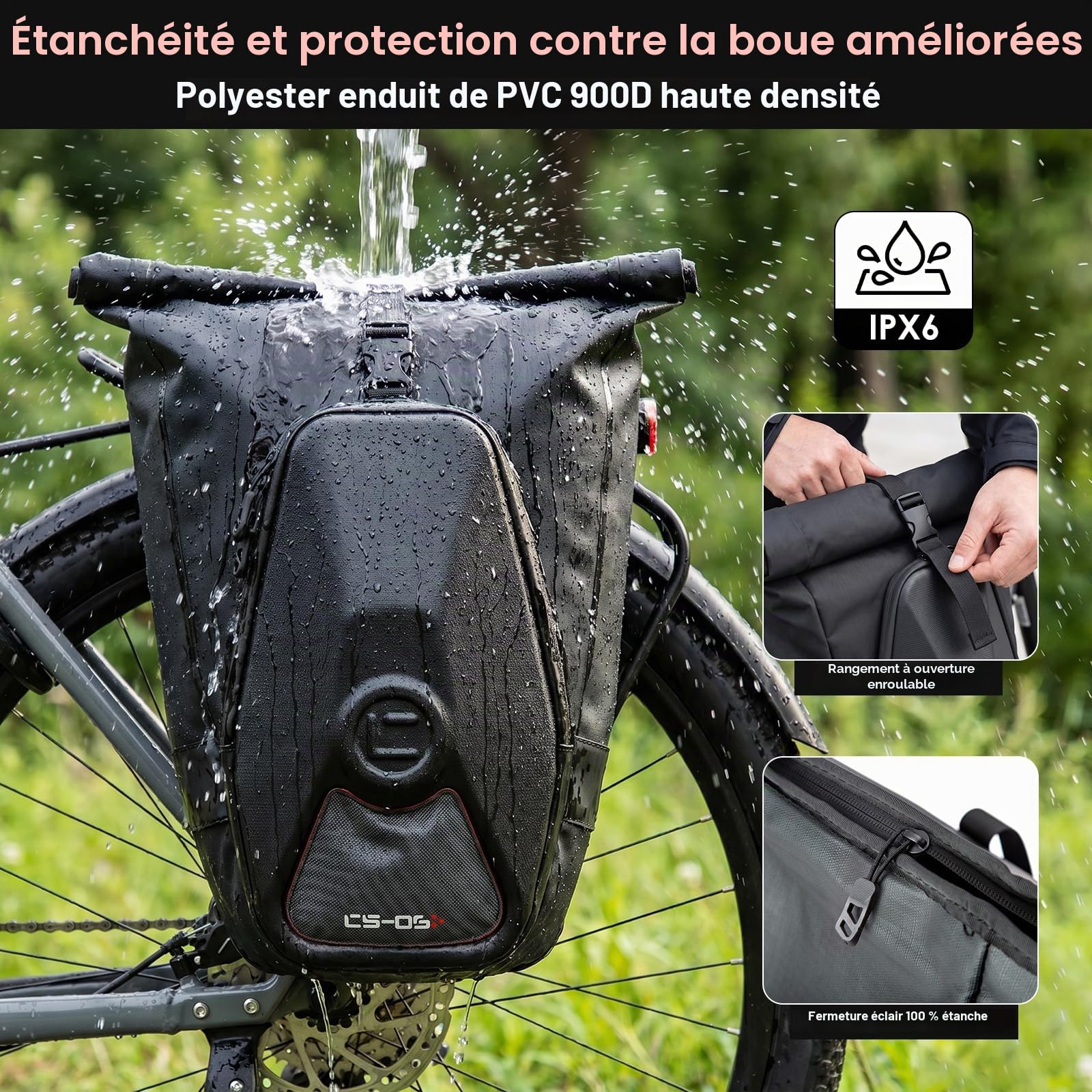 30L Sacoche Vélo Porte-Bagage Arrière, Sacoche Velo 3 en 1 Étanche, Sac Vélo Grande Capacité avec Poignée et Bandoulière, Sac à Dos Cycle Pannier pour Vélo, Route, VTT, Voyage, Trajets