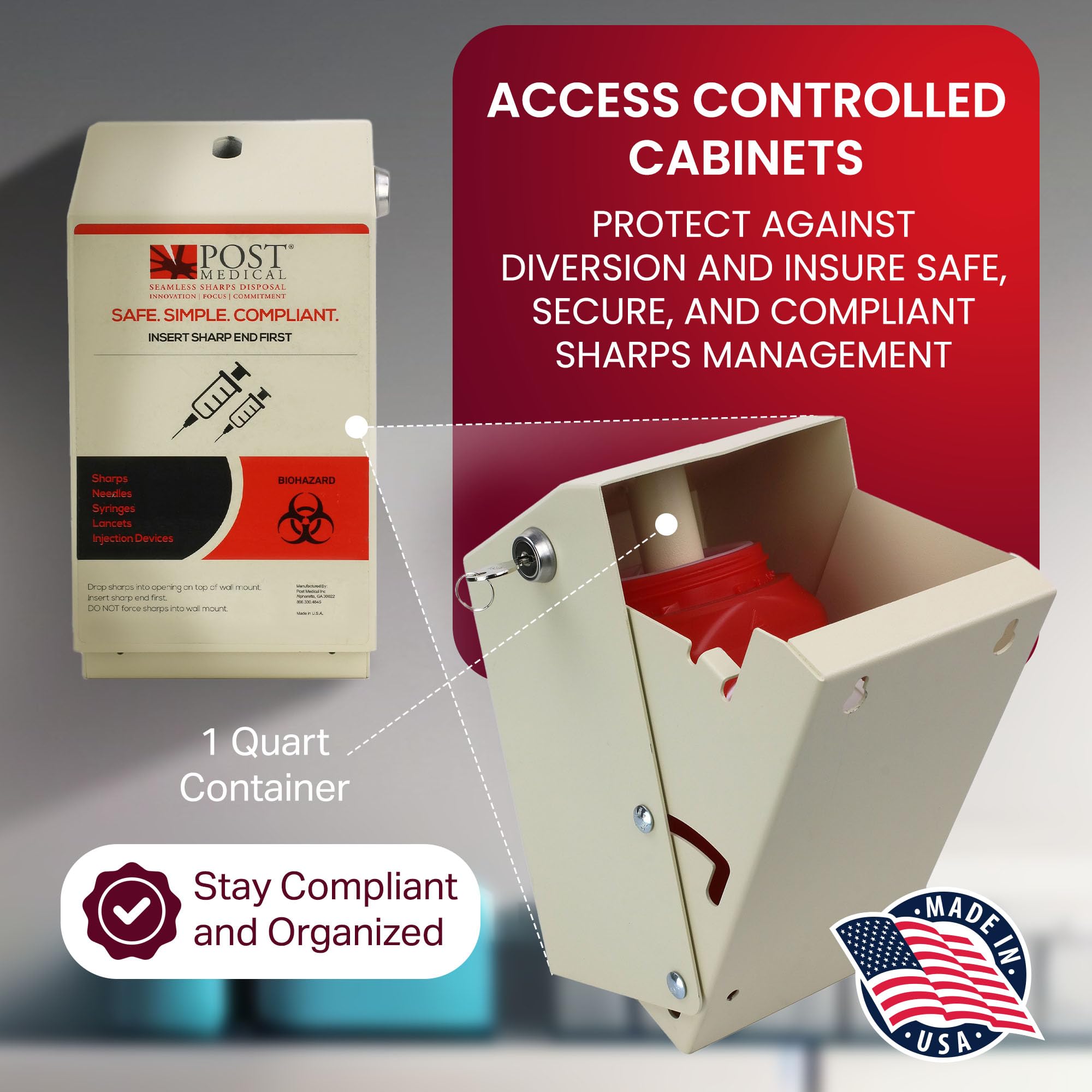 Sharps Cabinet, Sharps Smaltimento Container Stoccaggio, Sharps Container Montaggio a parete per 1 litro Post Medical Biohazard Containers, Sharps Container con Lock & Key, polvere