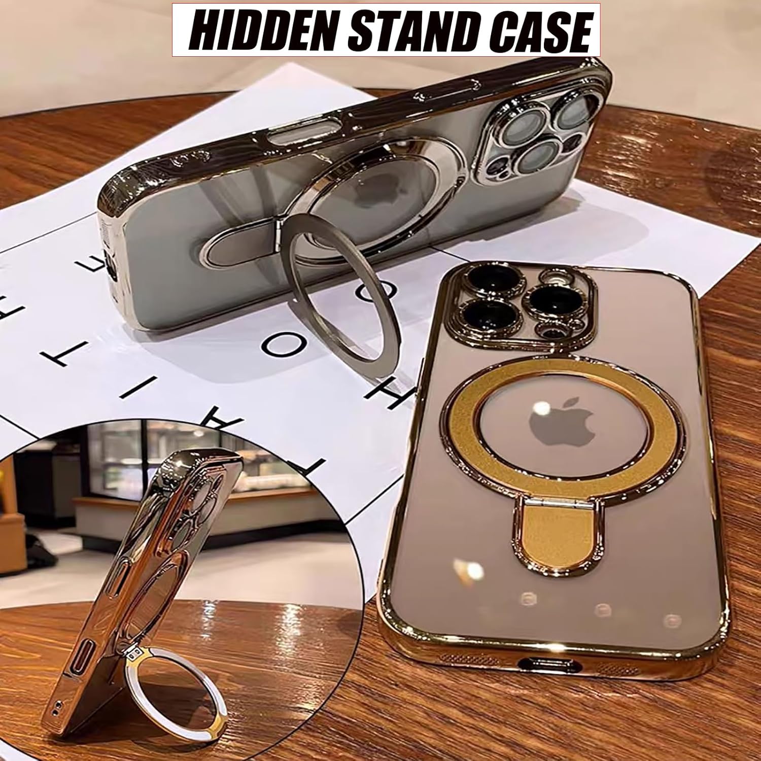 Case for iPhone 13 Pro Max 6.7", Compatible with MagSafe, Luxury Plating Shockproof Clear Phone Cover with Invisible Stand, Full Camera Lens & Screen Protector for Women Girls, Titanium Silver - Image 3