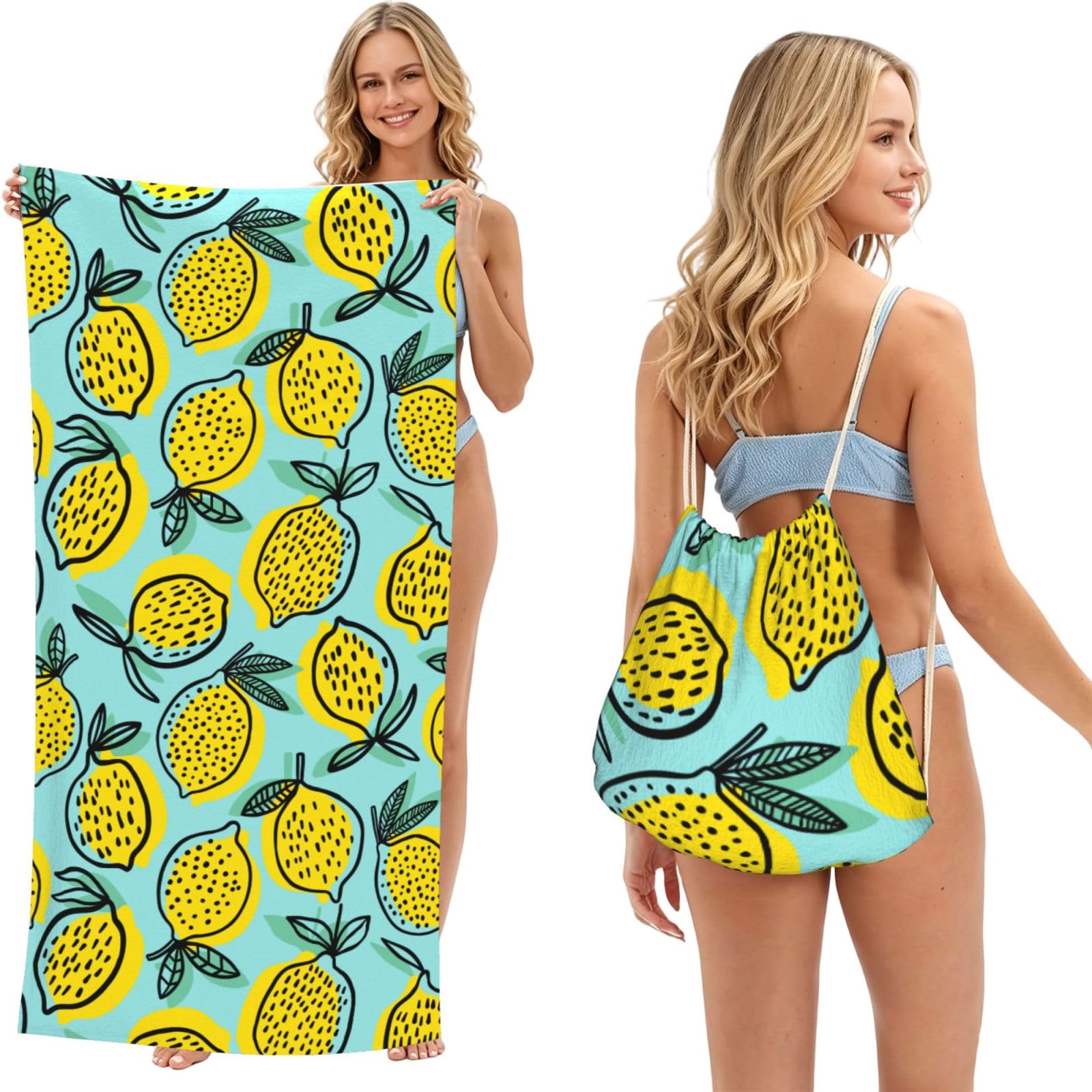 Poadnly As Picture Abucaky Yellow Lemon Fruit, 2 In 1 Packable Towel Bag, Beach Towels With Drawstring Backpack For Travel Holiday Camping