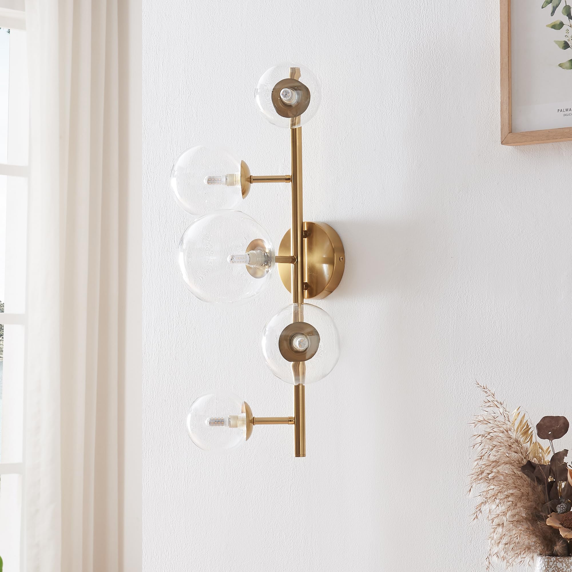 lux.pro Lampada da Parete per Interni con 5 Paralumi Sferici in Vetro Trasparente Applique a 5 Bracci Portalampada per Soggiorno Camera da Letto Corridoio - Dorato