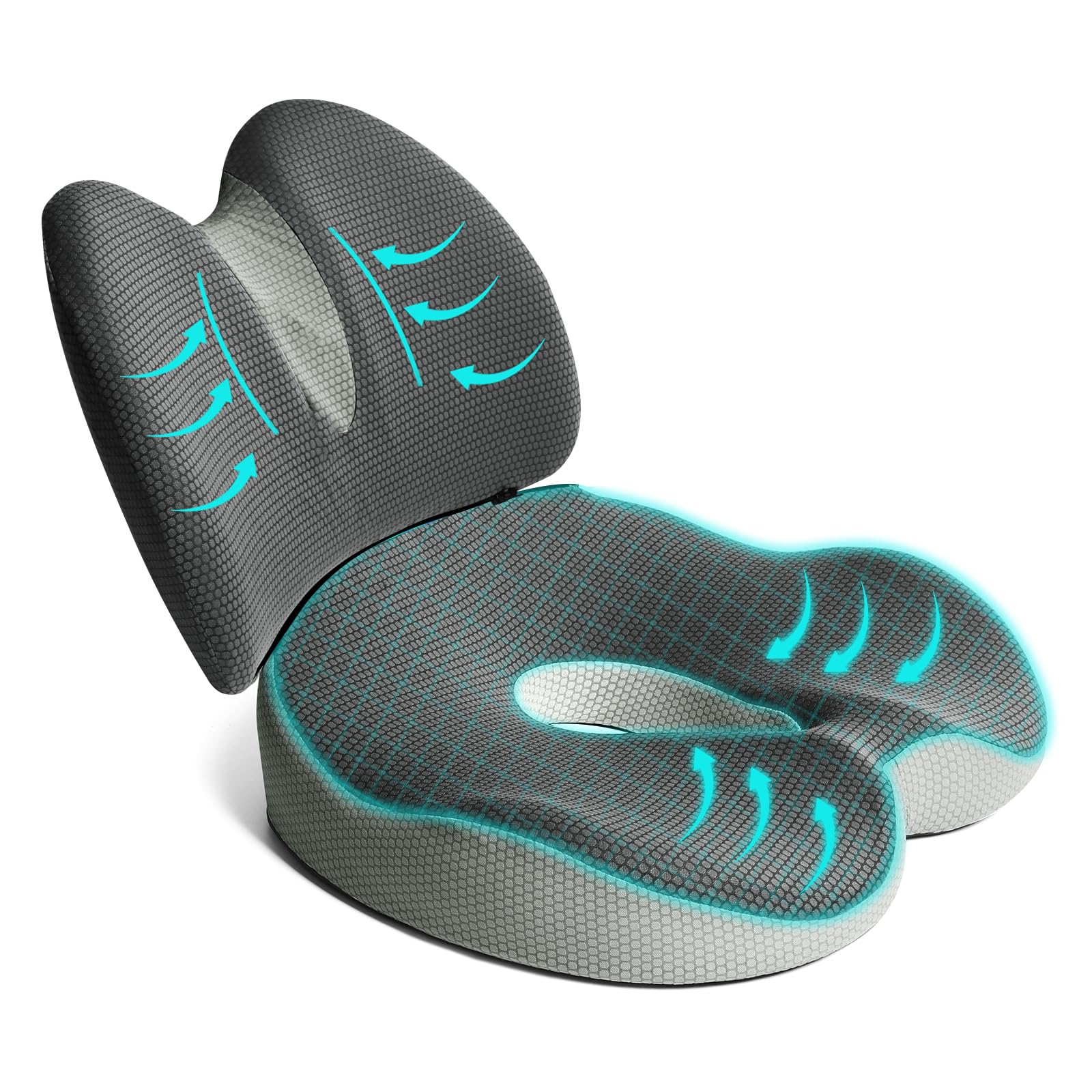 Suewidfay 2 in 1 Cuscino del sedile e set di cuscini di supporto lombare, grande dimensione ergonomica schiuma di memoria Cuscino, per sedia da ufficio, auto, sedia a rotelle, sedie da gioco