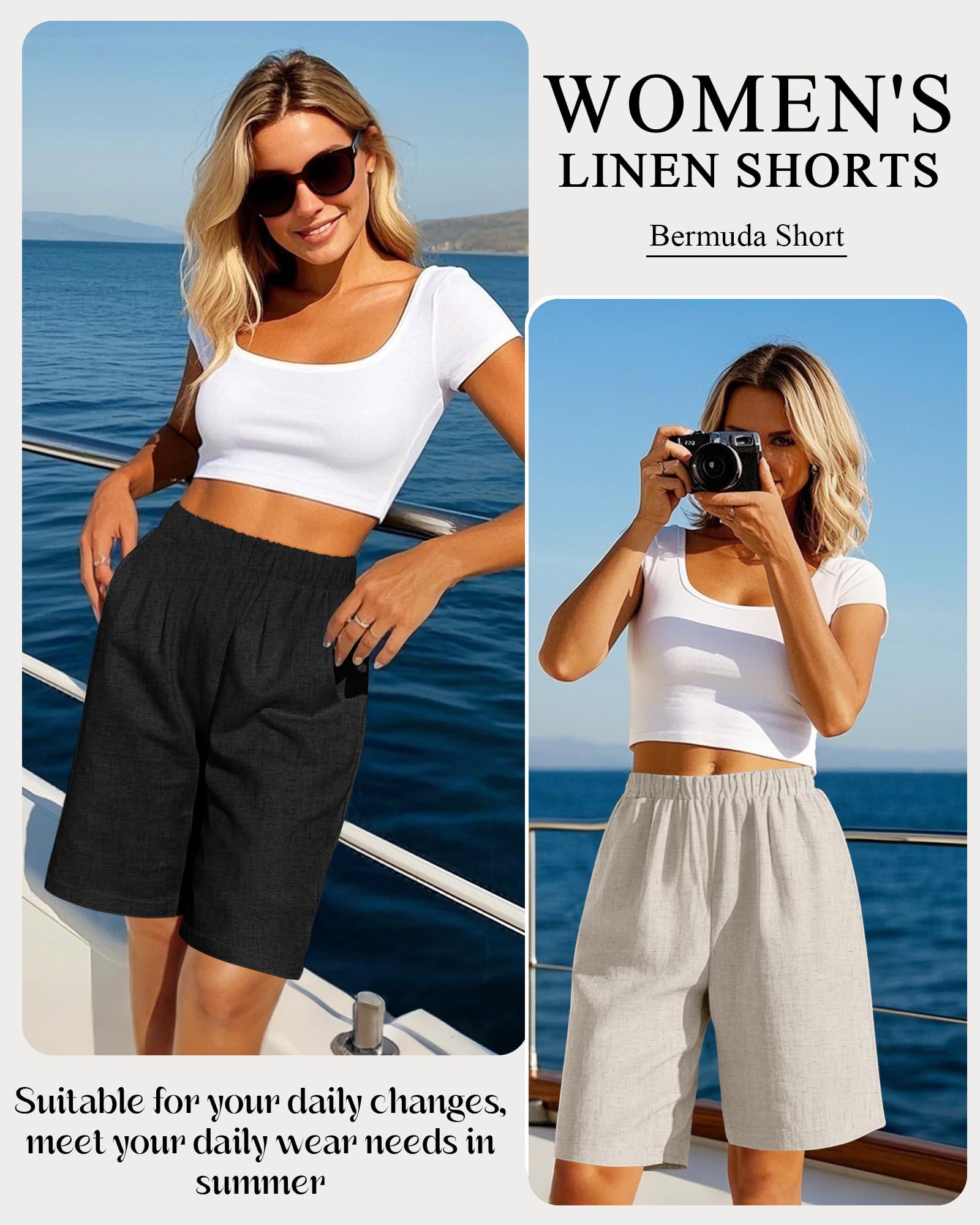 Riyiper Confezione da 3 pantaloncini da donna in lino, elasticizzati, a vita alta, a gamba larga, estivi, casual, con tasche