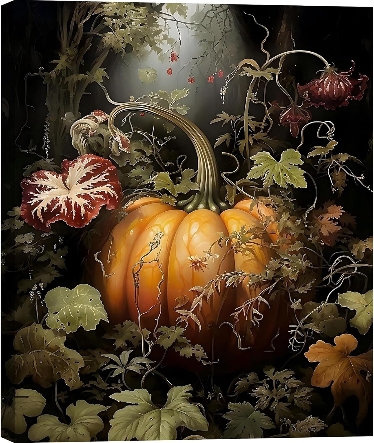 Woodland Pumpkin for Fall Home Decor 24x36", Moody Pumpkin Wall Print, Floral Dark Academia Canvas Art, Halloween Vintage Poster, Gothic Pictures for Dinning Room, Fireplace