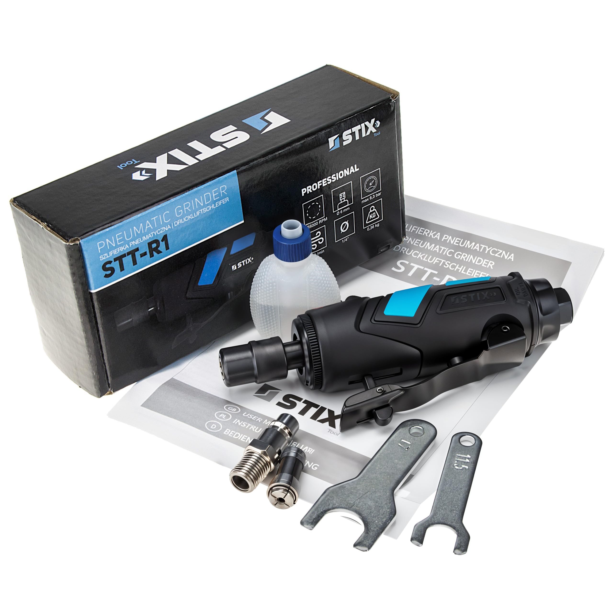 Stix Automotive Equipment Amoladora neumática - Rectificadora recta - Herramienta neumática para esmerilado - pulido - grabado - desbarbado - 25.000 rpm - amoladora de aire comprimido