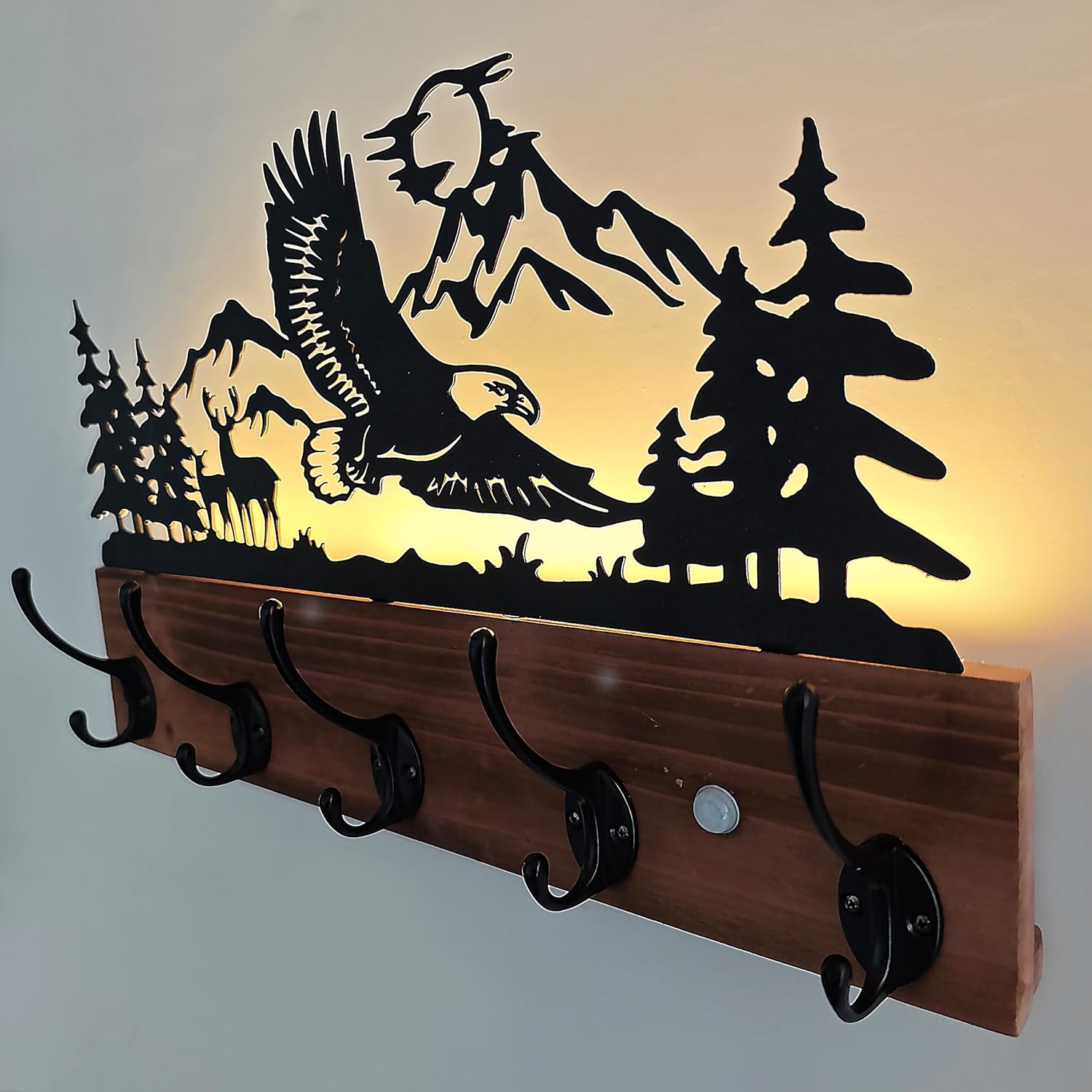 Metal Eagle Coat Hooks Wall Mounted, Battery Operated Induction Light Hooks, Woodern Coat Hangers with 5 Hooks for Coats, Keys,Backpacks, Hats,Towels, Bags,etc. image 2
