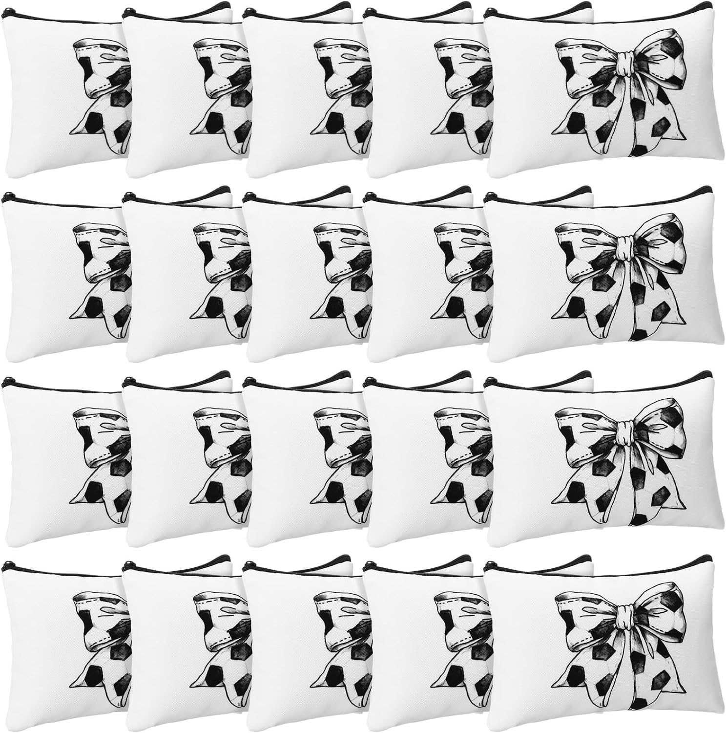 Tallew 20 Pcs Glitter Bow Soccer Makeup Bags Bulk for Women Soccer Party Favors Cosmetic Pouch Organizer with Zipper Travel Gifts for Team Lovers Cheerleading Birthday Club Accessories