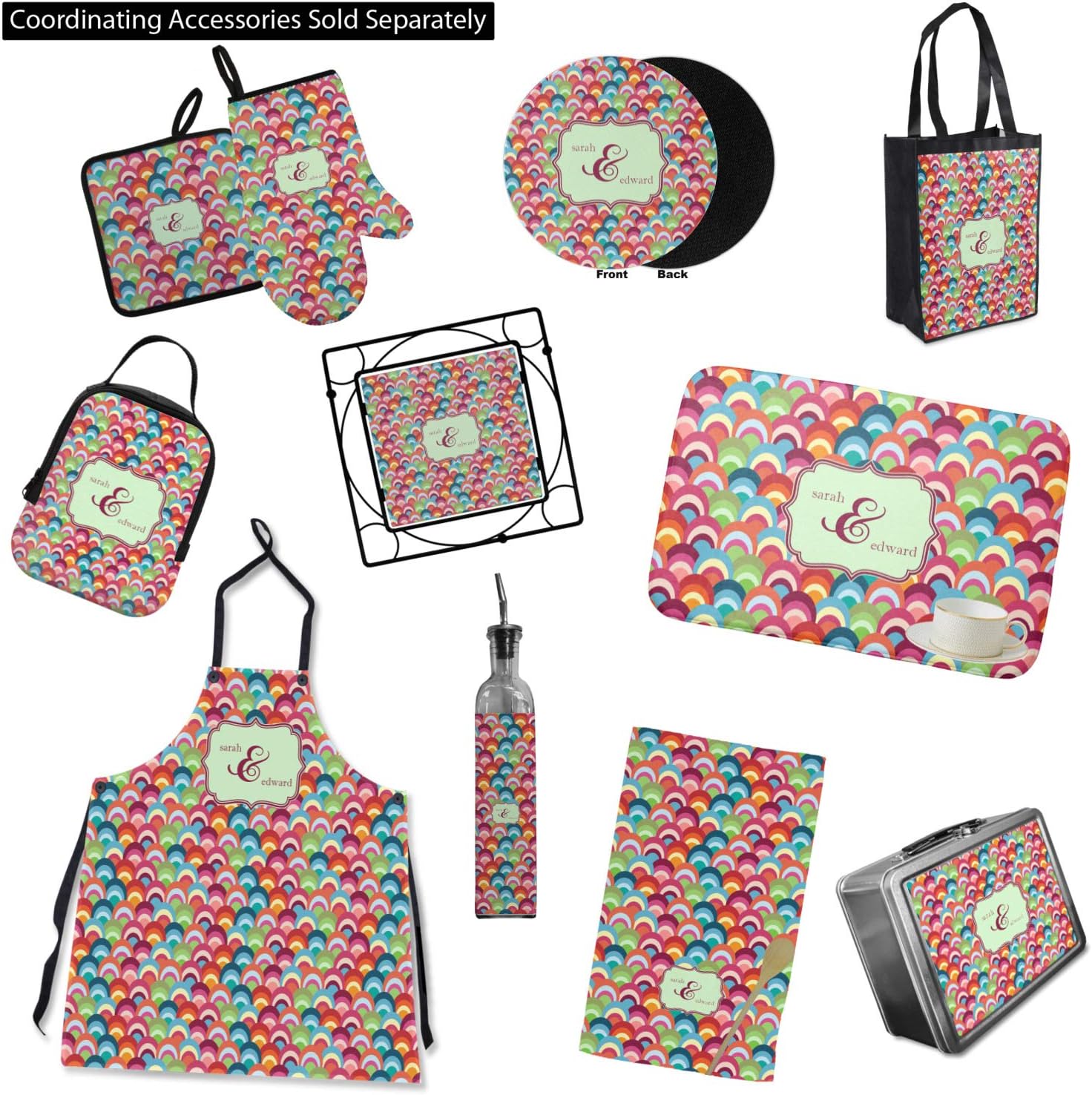 Personalized Retro Fishscales Right Oven Mitt & Pot Holder Set w/Couple's Names