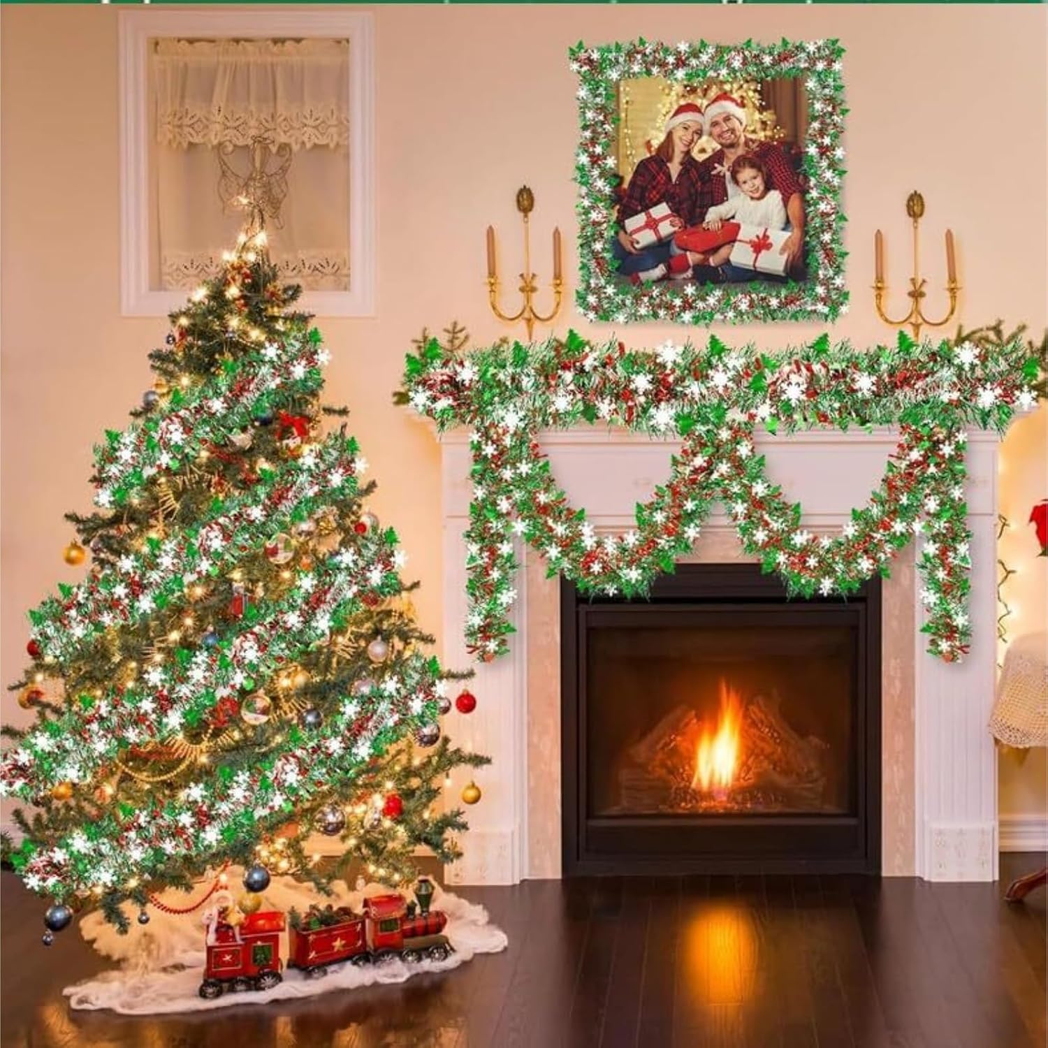 Tinsel Indoor 200cm Tinsel Snowflake Garland for Christmas Tree Staircase Indoor Outdoor Party Christmas Tree Garland(9pcs)
