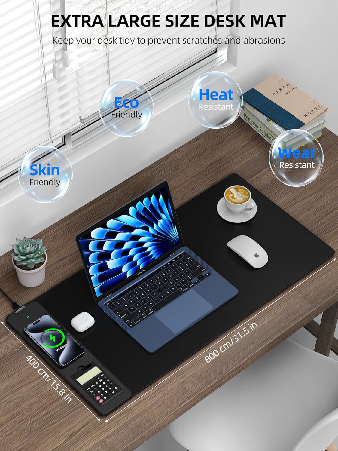 TopMade Mouse Pad with 15W Wireless Charging, Removable 8-Digit Solar Calculator, Exact Large Desk Pad, Waterproof Mousepad Home Office Desk Mat (Includes 20W PD Power Adapter & 6.56ft Woven Cable)