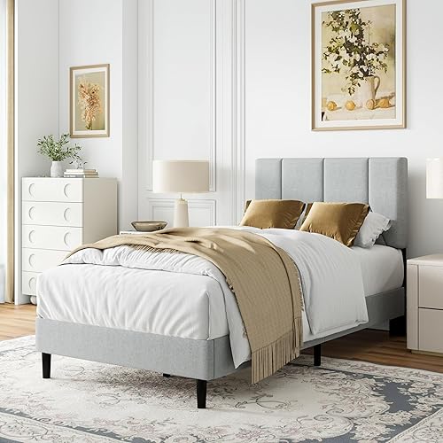 Miniatura 15 de Base de cama tamaño individual, base de cama de plataforma con cabecera tapizada de terciopelo, base de colchón tapizada individual con listones de