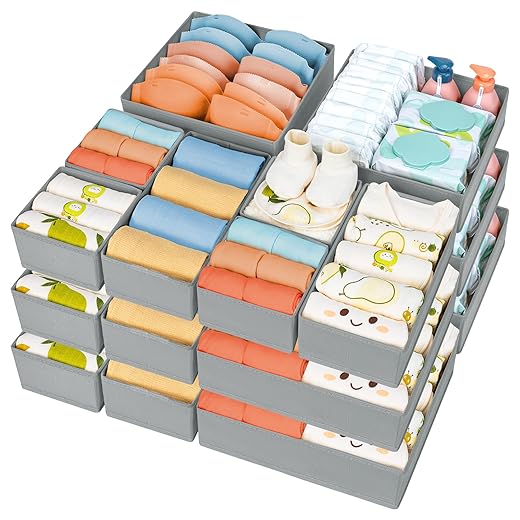 DIMJ Drawer Organizer 15 Pack - Foldable Baby Clothes Storage & Dresser Organizer for Nursery, Bedroom, Closet - Nursery Organization Dresser Dividers for underwear, Sock,Bra, Belt, Tie, Gray