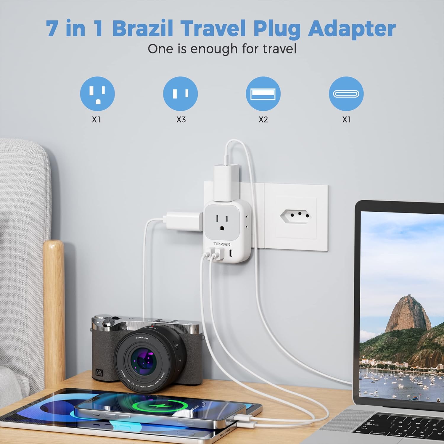 TESSAN Brazil Power Adapter, US to Brazil Travel Plug with 4 American Outlets 3 USB Charger (1 USB C Port), Type N Adaptor for USA to Brazilian Brasil Type N-grey white