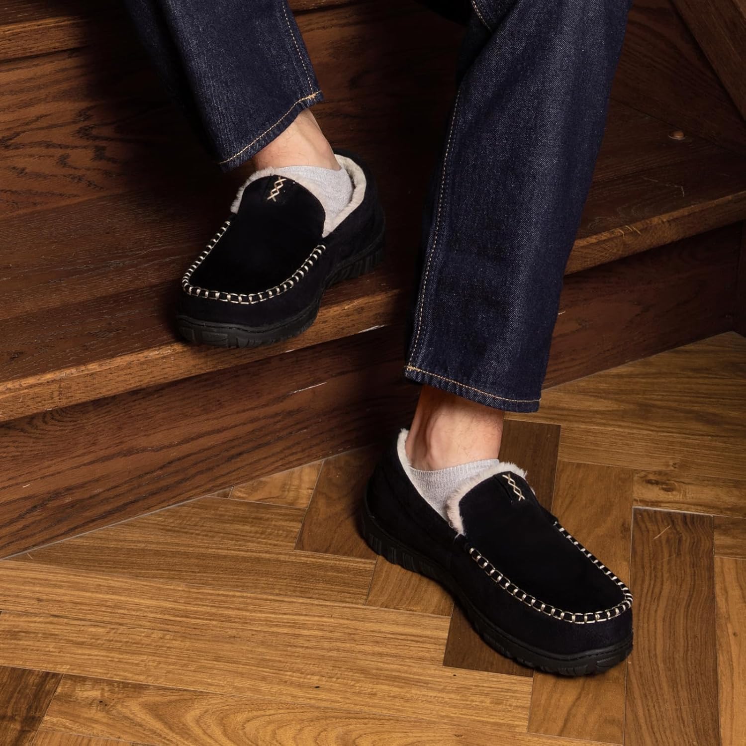 House Slippers for Men Moccasins - Memory Foam&Warm Plush Indoor Outdoor Slip-on Loafers - Image 2