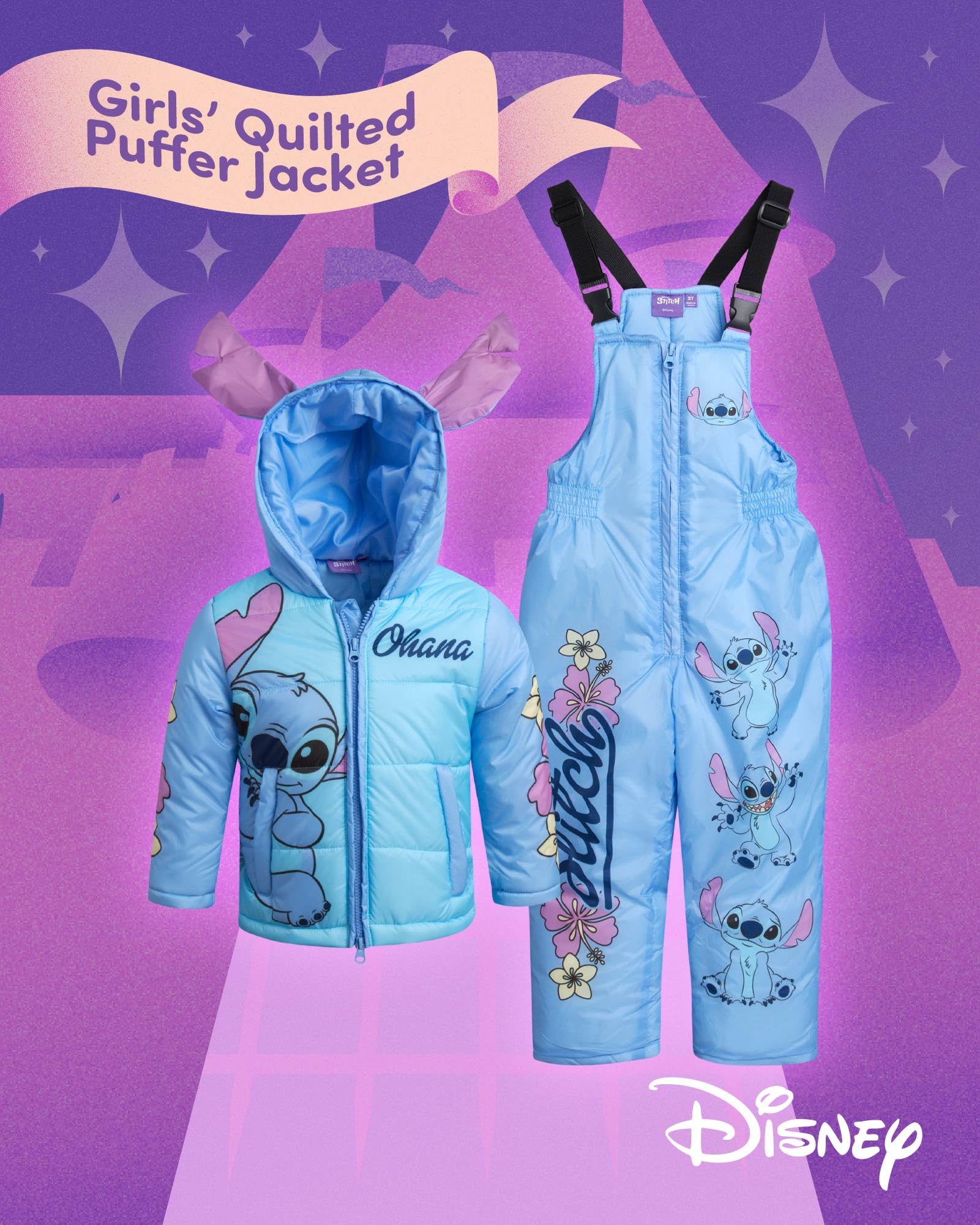 Disney Ensemble de neige pour filles – Minnie Mouse, Lilo & Stich – Veste de ski et pantalon à bretelles pour tout-petits/petites filles (2T-7)