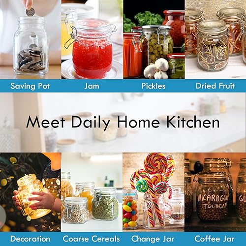 Miniatura 7 de YEBODA Tarros de vidrio para almacenamiento de alimentos de 16 onzas con abrazadera, tapas herméticas y juntas de silicona para recipientes de