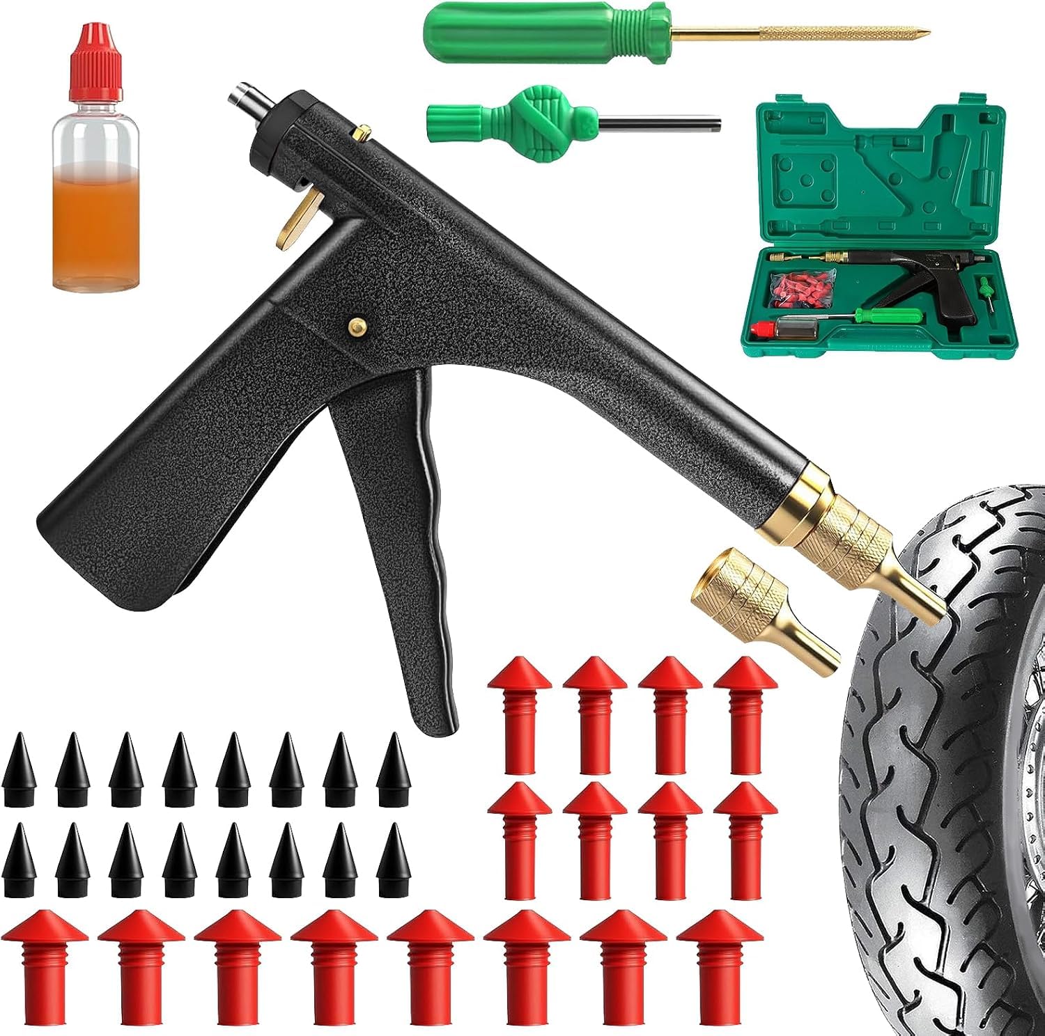 Kit de Reparación de Neumáticos Tapón Champiñón, Todo-en-Uno con Pistola de Gatillo para Emergencia en Carretera, Fijación Rápida en 10 Segundos para Coches, Motocicletas, Camiones, ATV y Tractor