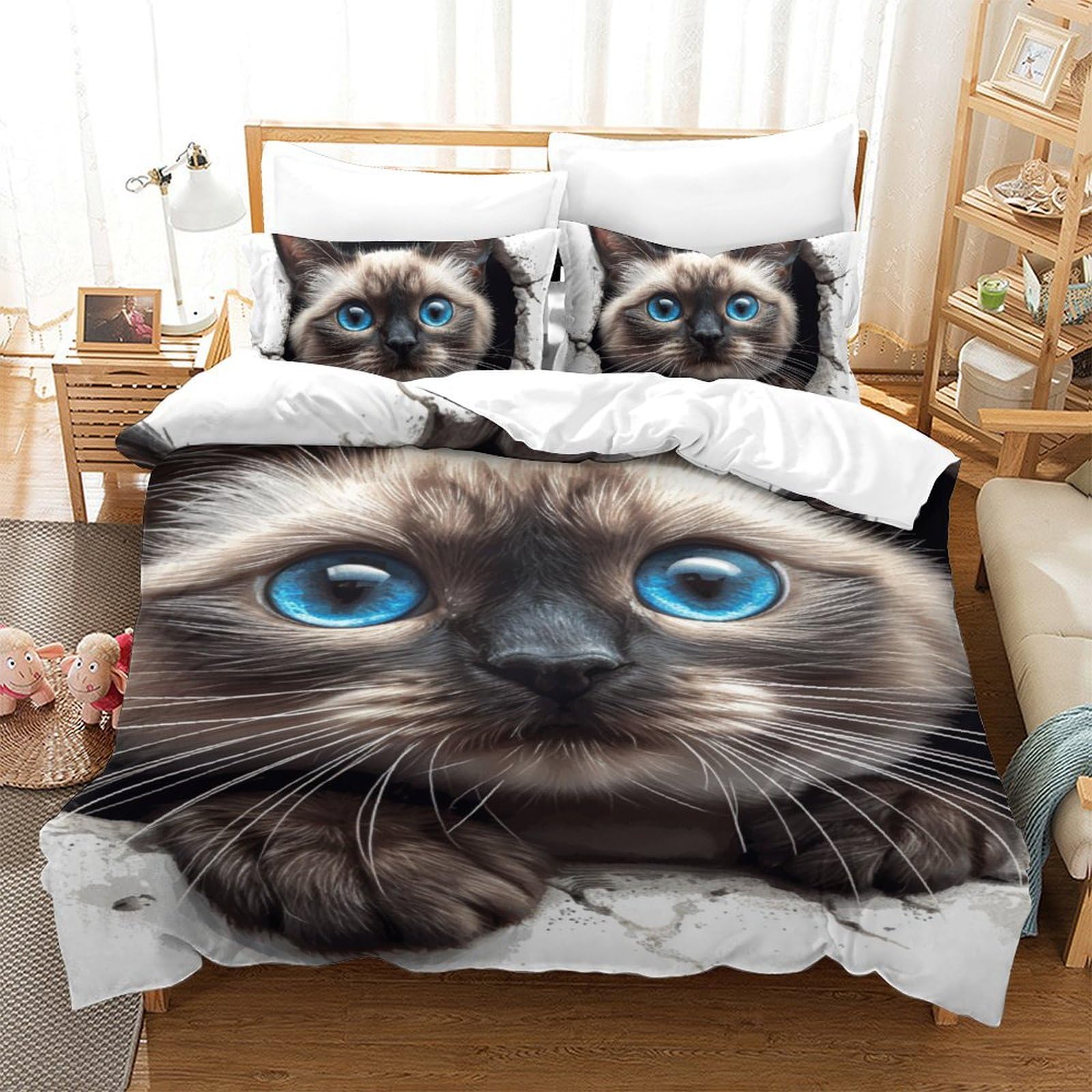 Housse de couette chat siamois 3D microfibre douce 140x200 cm avec fermeture éclair pratique