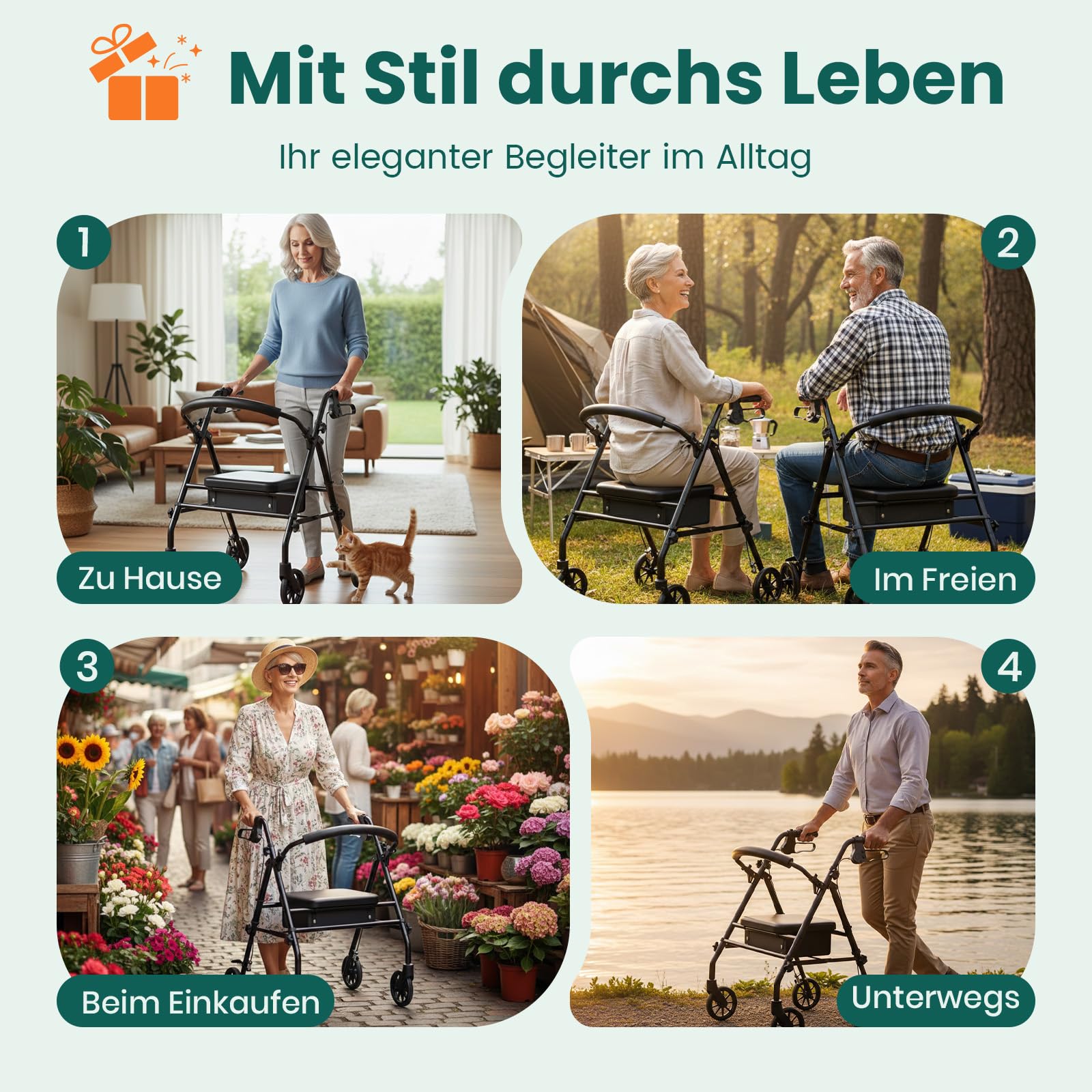 Rollator mit Sitz und Stauraum – leichter, faltbarer 4‑Rad Gehwagen mit Rahmen für Senioren und mobilitätseingeschränkte Personen, für Innen‑ & Außenbereich, Schwarz