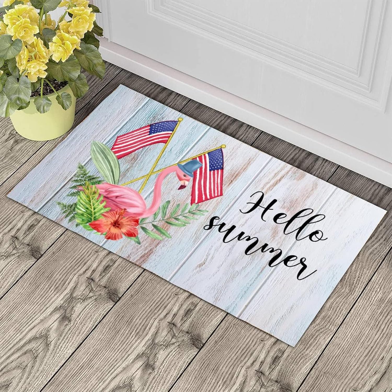 4th of July Patriotic Independence Day Flamingo Hello Summer Natural Coir Door Mat Non-Slip for Floor Entrance Indoor Outdoor Home Decor 16x24 Easy to Clean Entry Welcome Coir Doormat Rug