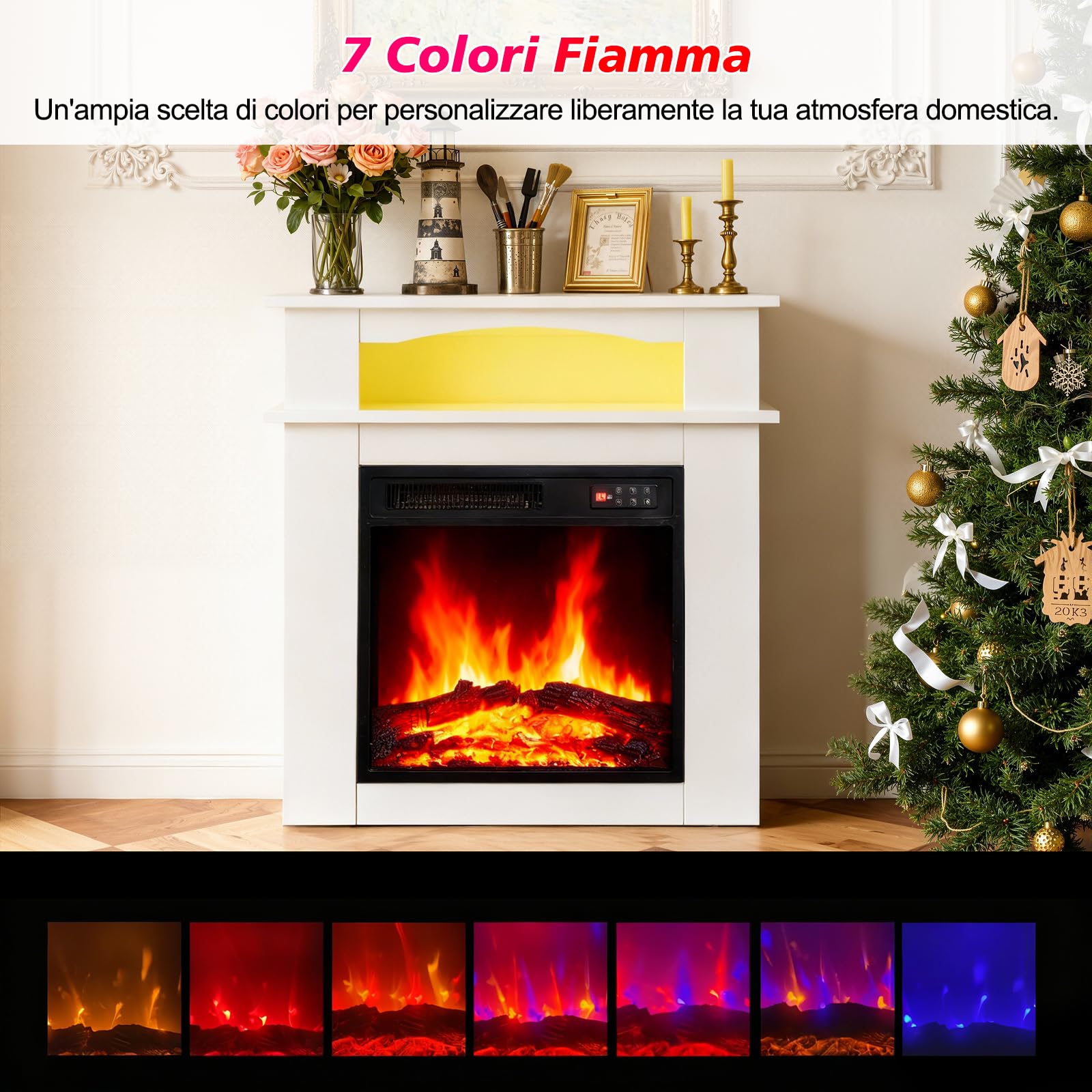 18" Caminetto Elettrico, 900W/1800W Camino Elettrico, 7 Colori di Fiamma 3D, Striscia LED, Telecomando, Protezione Surriscaldamento, Timer, incluido Cornice