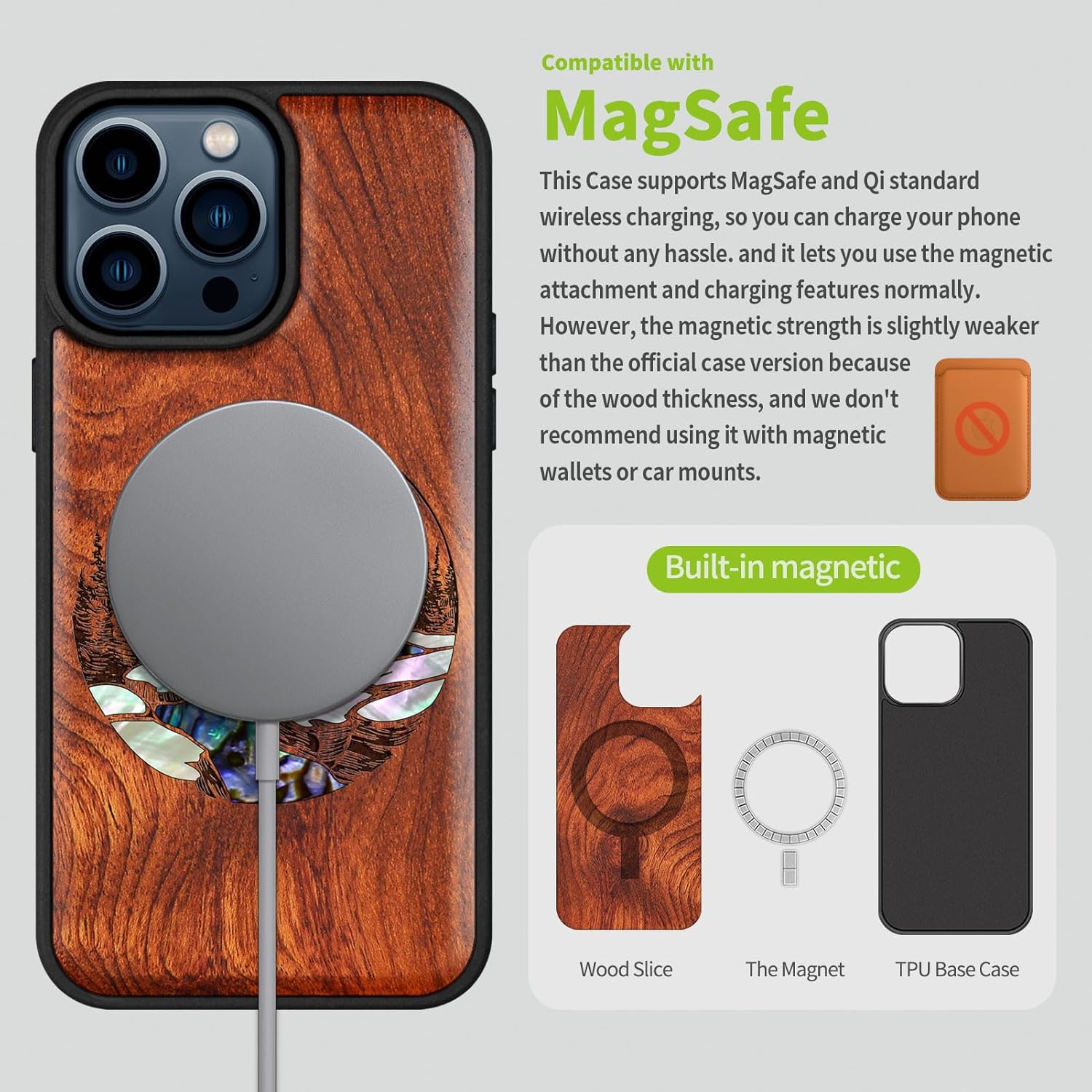 Carveit Wooden Case for iPhone 15 Pro Max Magnetic Case, Compatible with MagSafe Wireless Chargers, Shockproof Cover, Handmade Shell Inlaid & Wood Artisan Engraved (Natural Landscape) Rosy