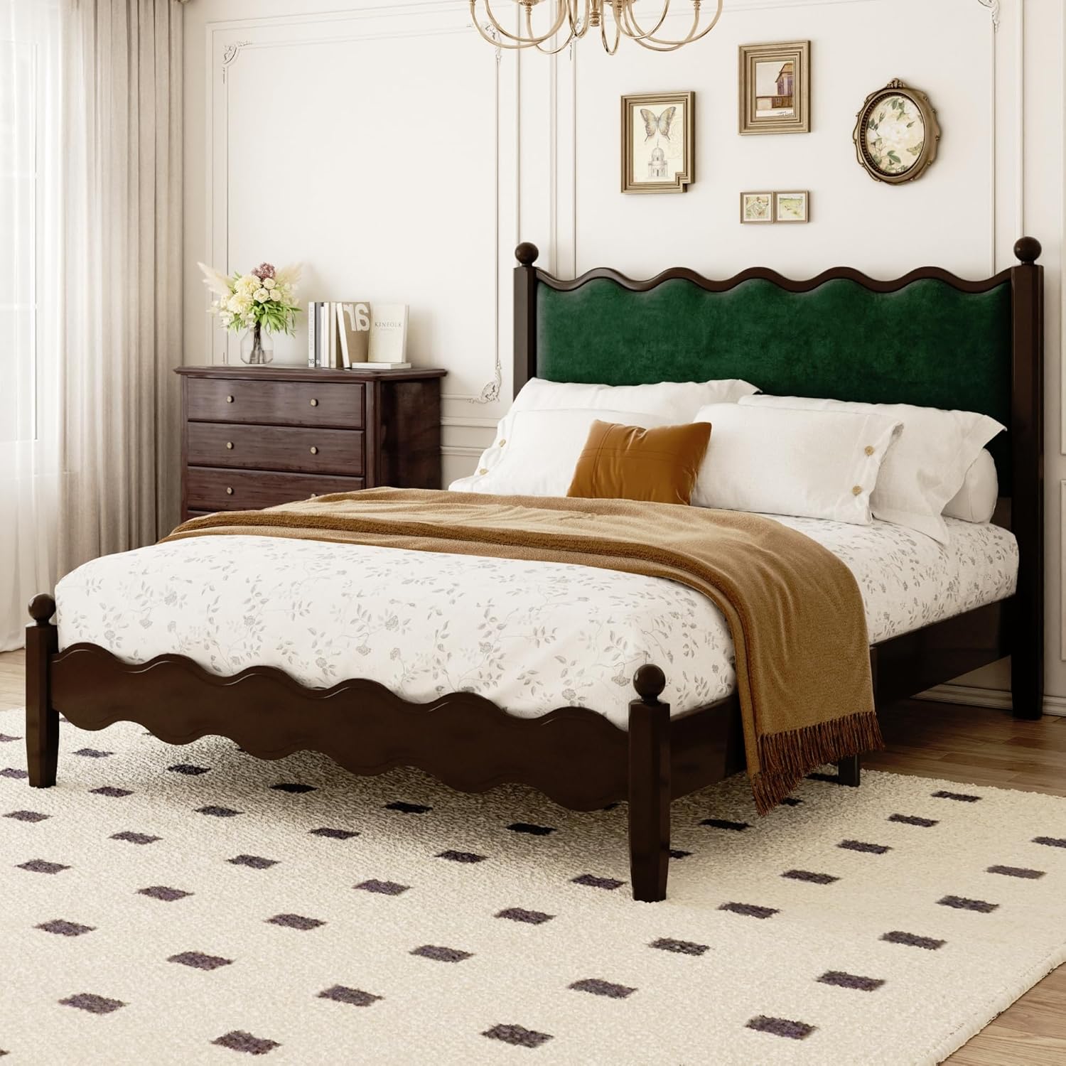 Wood Bed Frame Queen with Vintage Wave Headboard, 48" Tall Velvet Upholstered Bed Frame, Mattress Foundation, No Box Spring Needed, Easy Assembly, Green