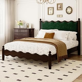 Wood Bed Frame Queen with Vintage Wave Headboard, 48