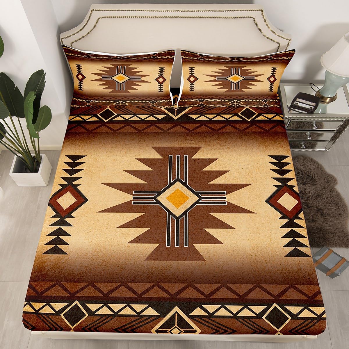 Southwest Bedding Set Full Size,Geometric Aztec Tribal Pattern Fitted Sheet Vintage Striped Western Bed Sheet for Kids Girls Boys Adult Room Decor,Rustic Brown Deep Pocket Sheet,2 Pillowcases