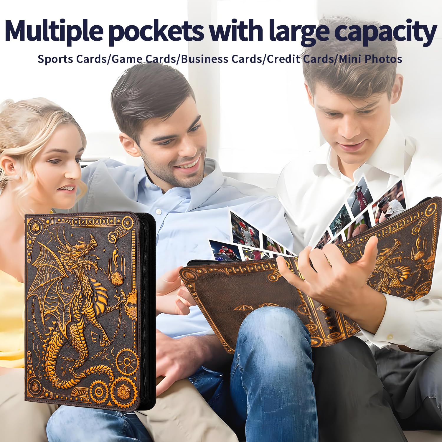 FEIDIAO Raccoglitore per carte collezionabili, album con 360 tasche laterali con cerniera, in pelle PU 3D goffrata con drago volante, 9 tasche da collezione, album per giochi per MTG, TCG, Pokmon