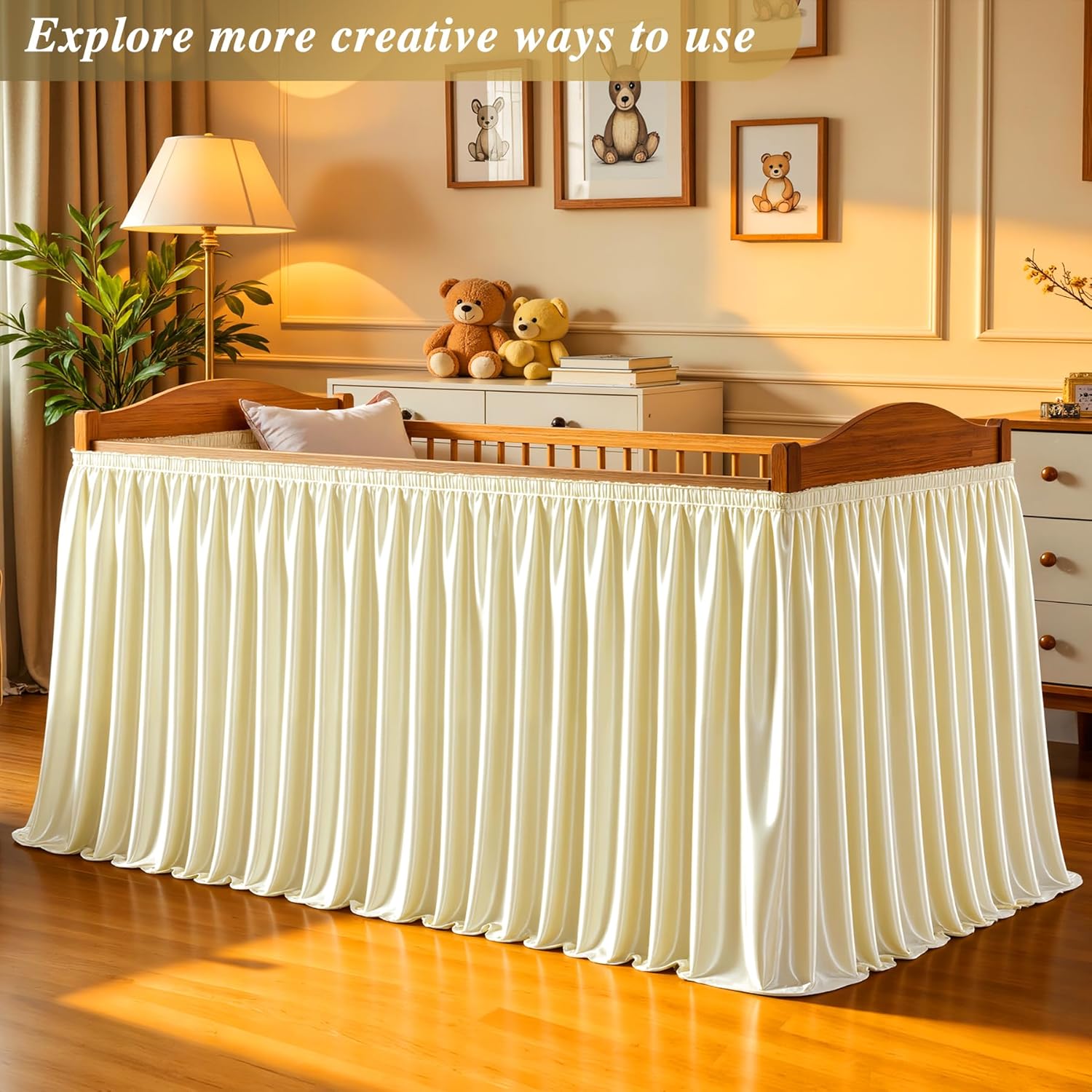9Ft Champagne Satin Table Skirt for Rectangle or Round Tables, Wrinkle-Free & Ruffle Pleated Teacher Desk Skirt Sparkly Spandex Table Skirting for Home Office & Kitchen, Trade Shows, Wedding Party