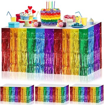 4 Pack Rainbow Party Accessories, Pride Rainbow Table Skirts Metallic Foil Fringe Table Rainbow Skirts for LGBTQ Gay Pride Birthday Party Supplies Wedding Eurovision Deko