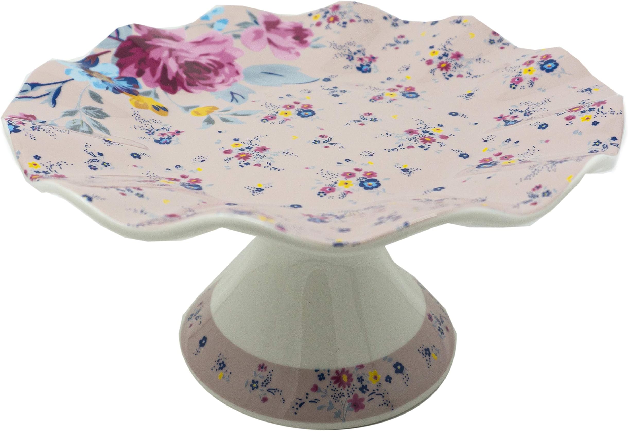 Grace Teaware Small Decorative 6.25-inch Round x 3-inch Tall Ruffled Porcelain Dessert Pedestal Display Stand for Brownies, Candy, Cookies, Cupcakes, Macrons and More (Pink Floral)