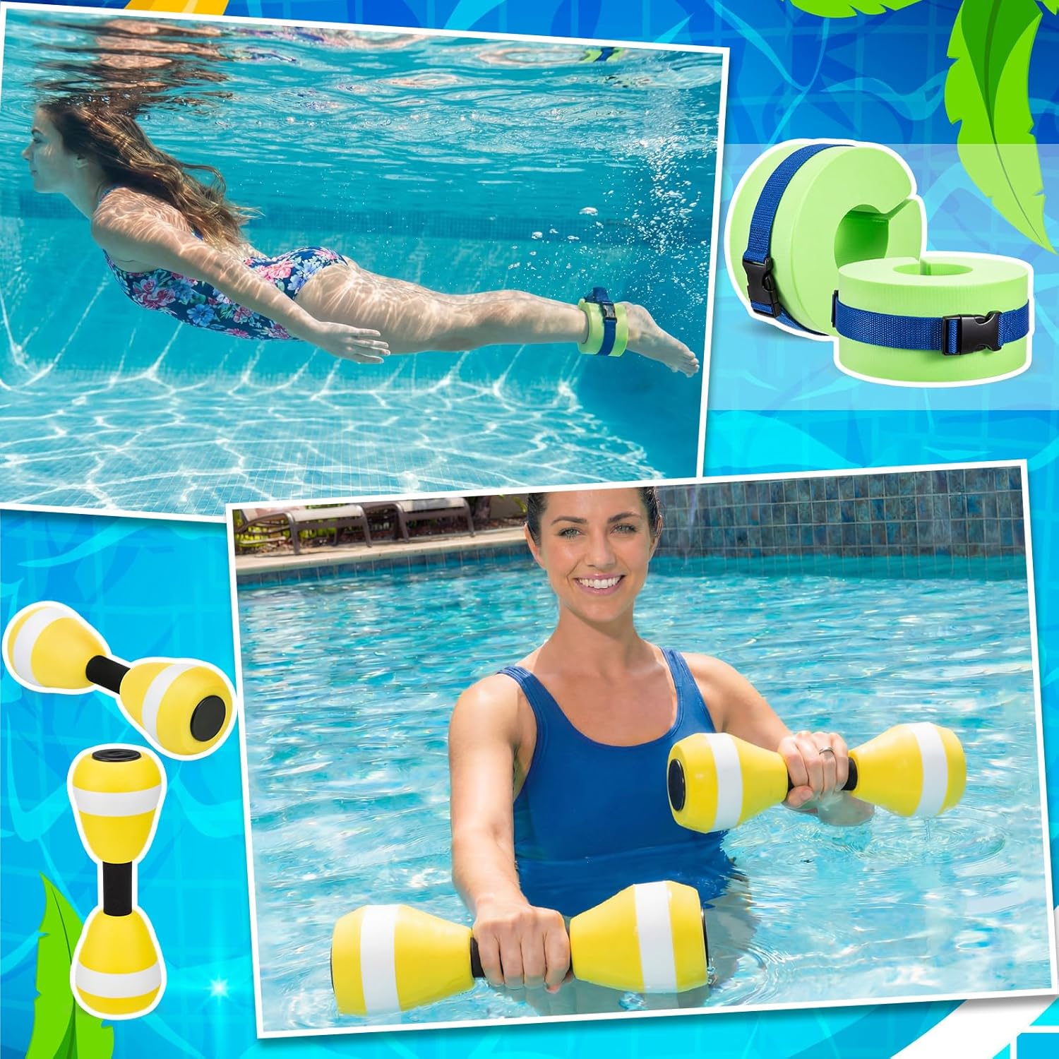 Seenelling 4 Pcs Water Aerobics Set Aquatic Exercise 2 Foam Dumbbells and 2 Foam Aquatic Cuffs Ankle Arm Pool Resistance Fitness Weights Equipment for Training Water Workouts