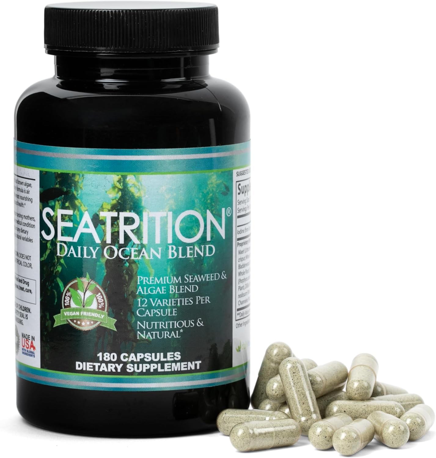 Seatrition Immune Thyroid Support Pure 12 Whole Seaweed Plants Vegan Friendly (2 Month Supply) Natural Multi Vitamin Sea Minerals Wholefood Nutrition Supplement 180 Veg Capsules