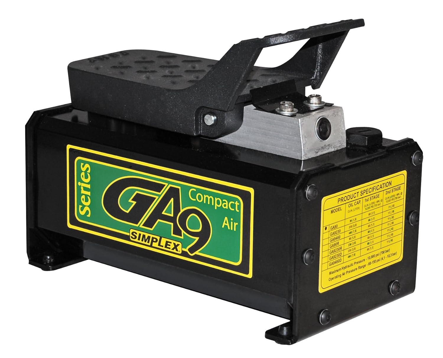 Simplex GA90 Composite Construction, Foot Operated, Air Powered Hydraulic Pump, 90 cu.in Oil Capacity, 10,000 PSI, Metal