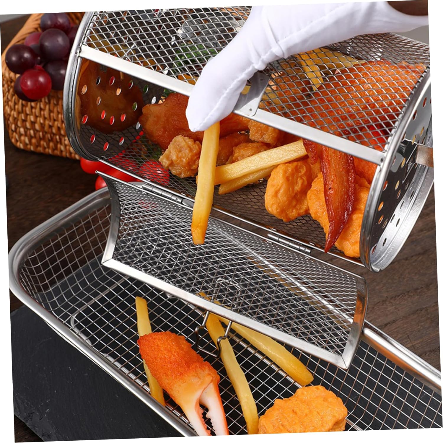 Stainless Steel Rotisserie Grill Basket for Oven Rotating Drum Cage with Door Design for Roasting Vegetables Chestnuts Bbq Vegetable Grill Accessory