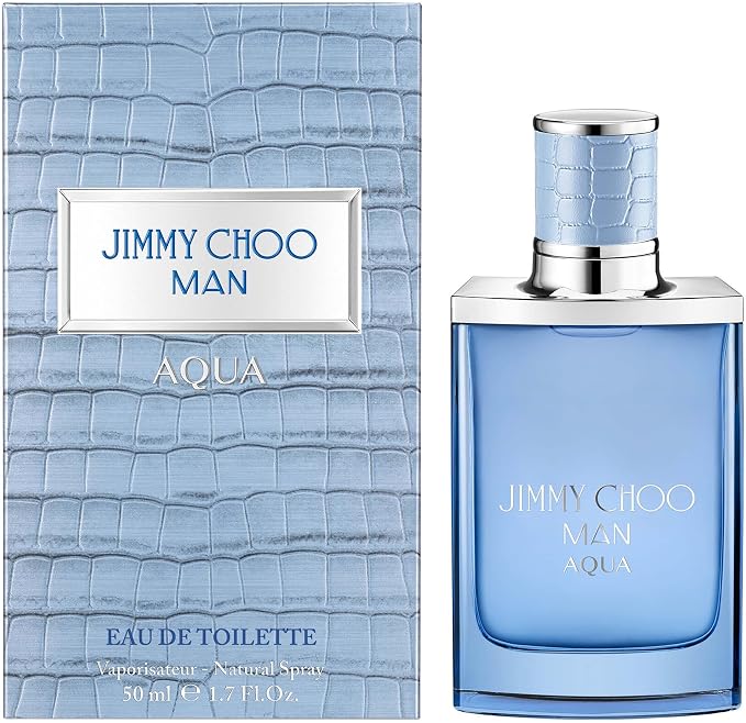 Caixa e frasco do perfume Jimmy Choo Man Aqua 50ml lado a lado