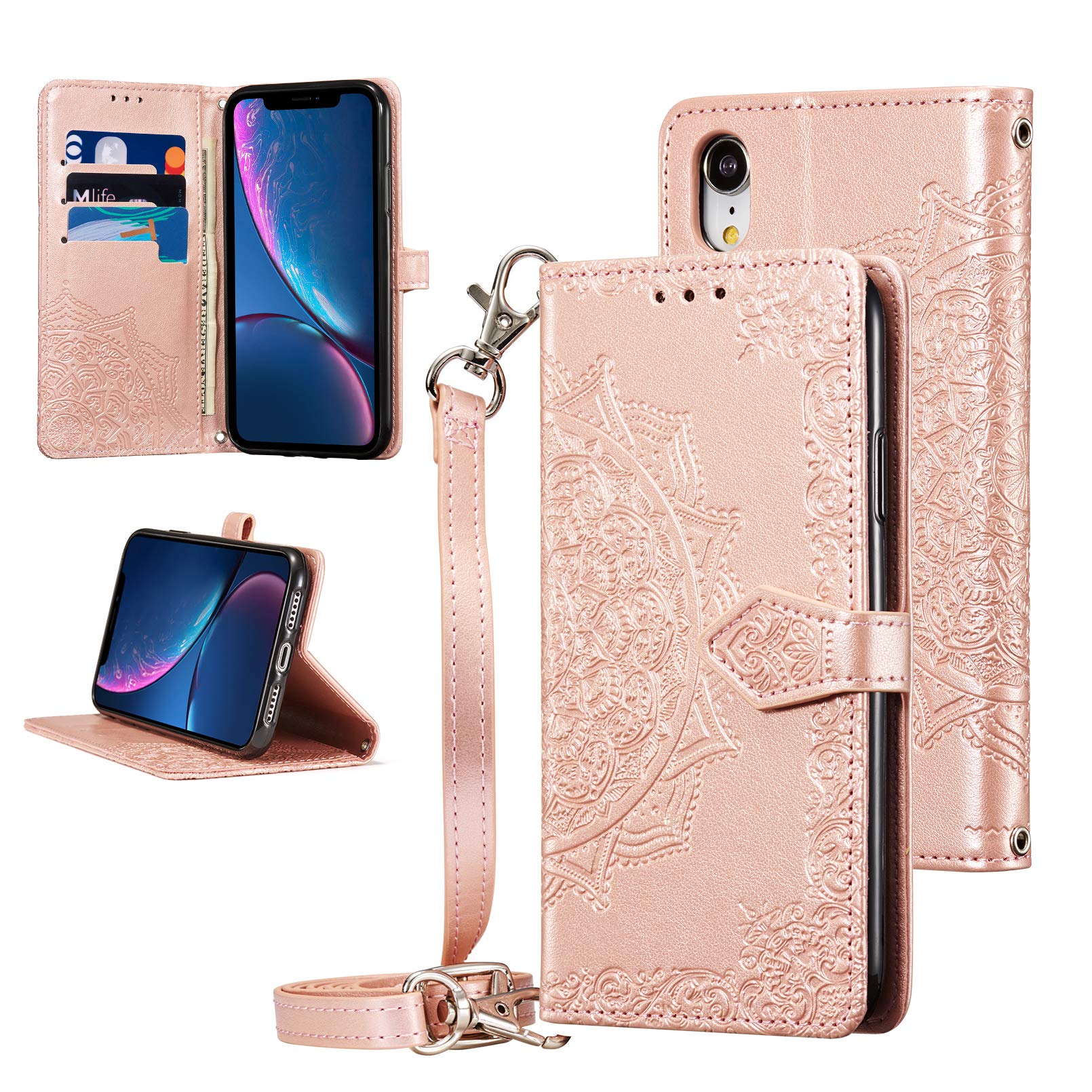 Custodia QLTYPRI Per IPhone XR – Cover A Portafoglio In Pelle Viola Con Motivo Floreale, Cinghia E Slot Per Carte, Protezione Completa