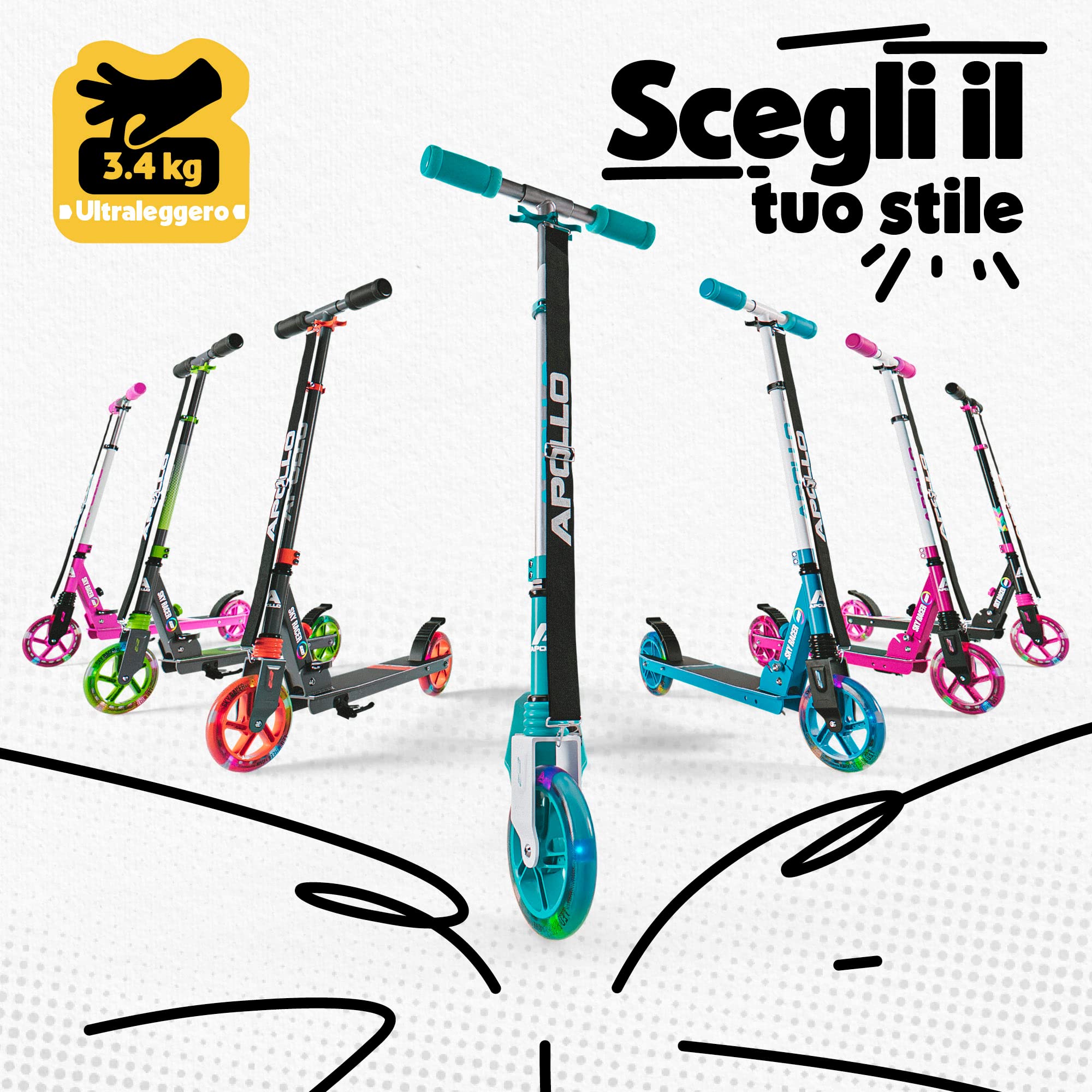 Apollo Skyracer | Monopattino con Ruote a LED da 145 mm | Monopattino da cittá pieghevole e con altezza regolabile | Monopattino bambino e bambina 6 anni in su