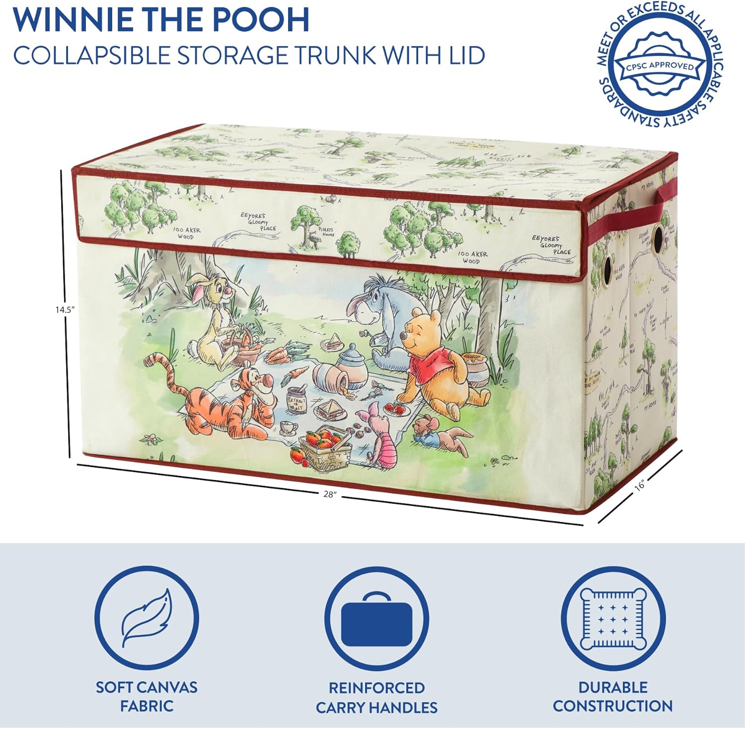 Disney Winnie the Pooh Collapsible Storage Trunk, Durable with Soft Lid, 28.5"x14.5"x16"