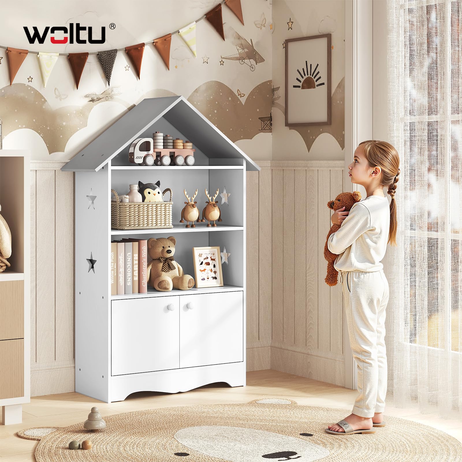 WOLTU Librería Infantil para Niños con 3 Estanterías Abiertos, Librero Organizador Multiusos, Estante para Dormitorio Blanca