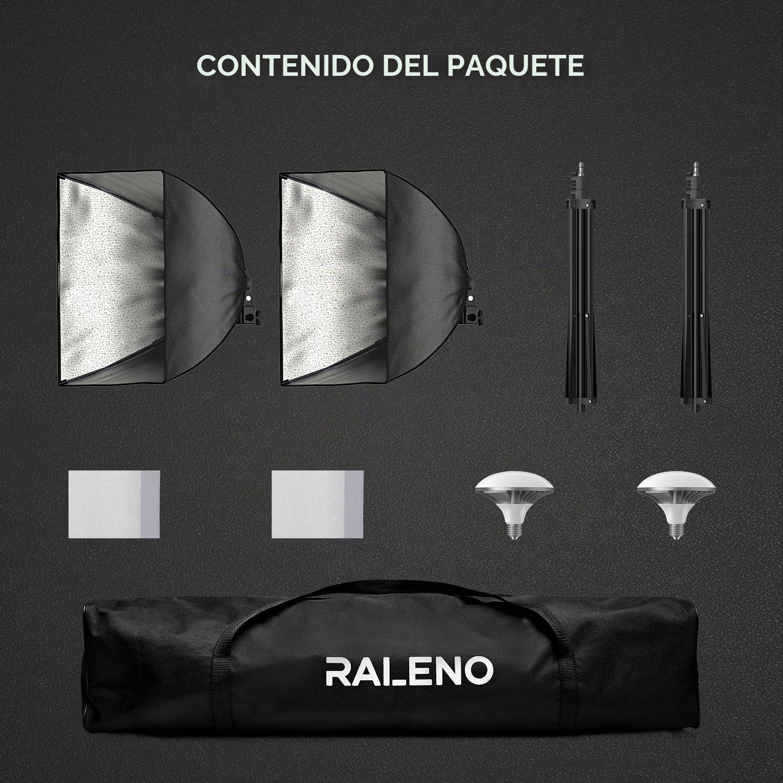 RALENO Studio Softbox Iluminación Kit Fotografía, 2 x 50x50cm Equipo de Iluminación Continuo con 50W LED Bombilla, Trípode Montaje Universal, Bolsa de Tela para Equipo de Estudio Fotográfico