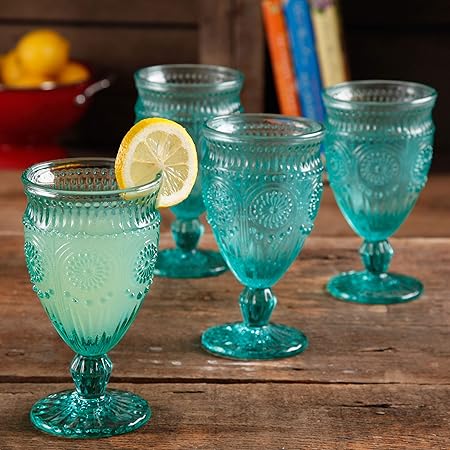 The Pioneer Woman Adeline Embossed 12-Ounce Footed Glass Goblets, Set of 4, Turquoise